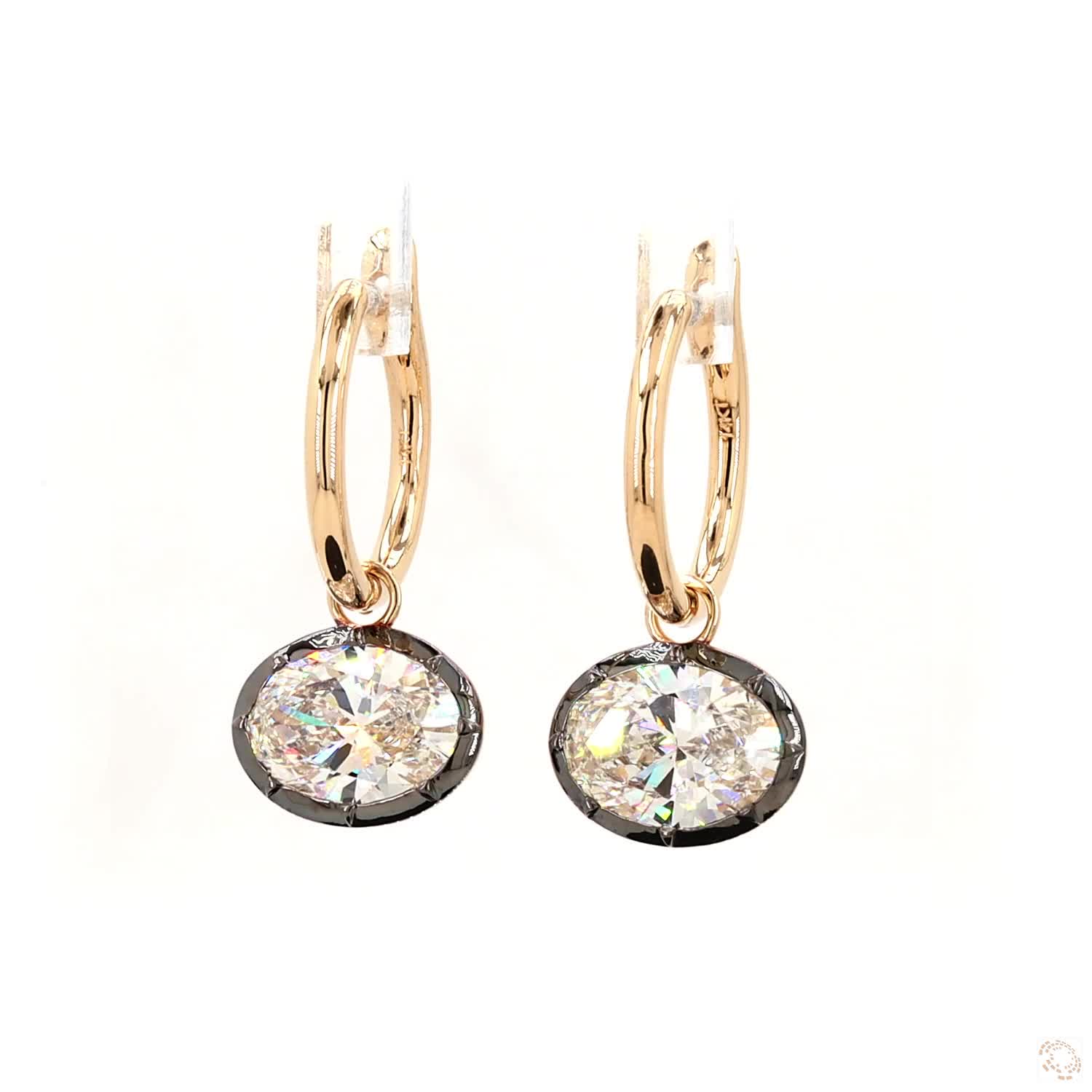 5.02 Ct East-West Oval Cut Diamond Bezel Huggie Charm Earrings in Two-Tone Gold