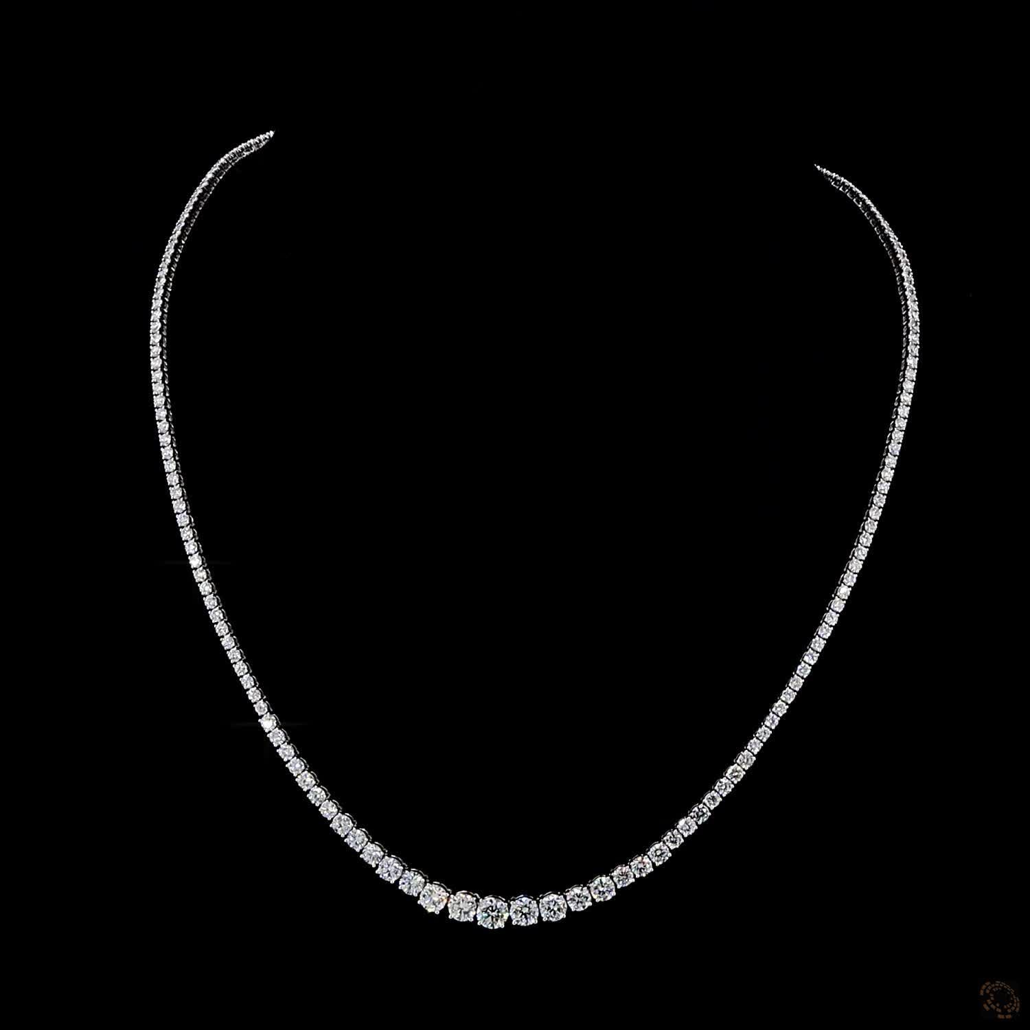 9.78 Ct graduated diamond tennis necklace, white gold Riviera necklace, round brilliant diamond strand, platinum graduated tennis necklace, statement diamond choker
