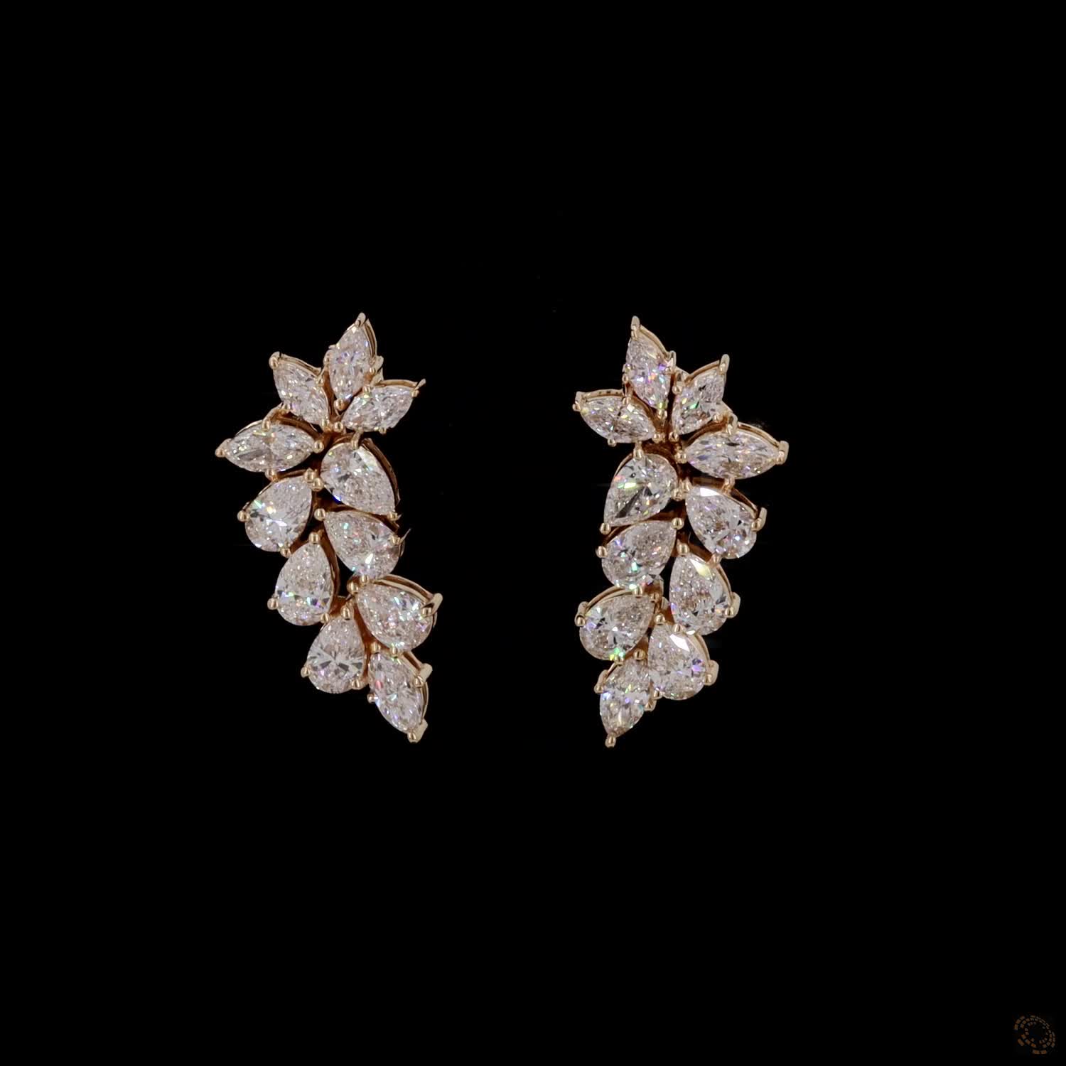 4.4 Ct Multi-Shape Ear Crawlers, Yellow Gold Leaf Cluster Earrings, Statement Bridal Vine Jewelry