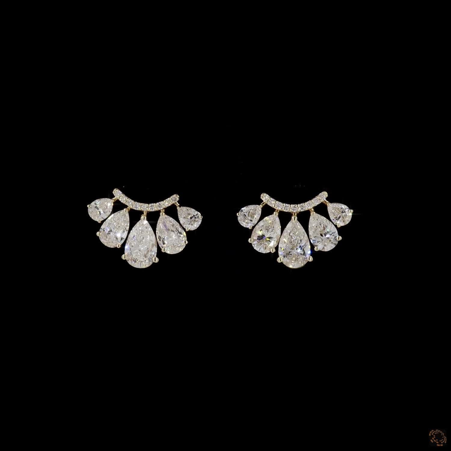 3.12 Pear Diamond Fan Cluster Stud Earrings in Yellow Gold