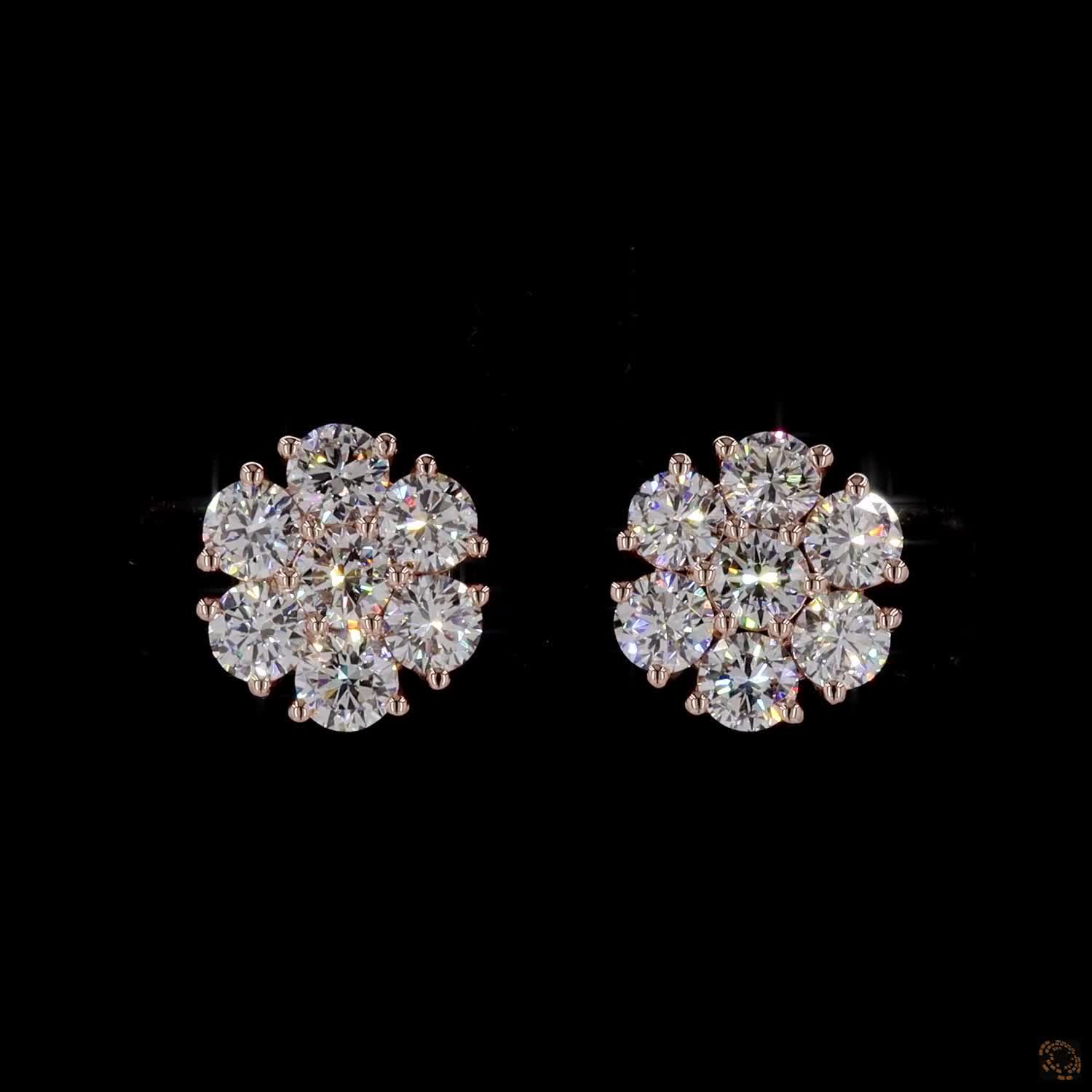 3.11 Ct Round Diamond Floral Cluster Stud Earrings in 14K Rose Gold | 7-Stone Flower Solitaire Look Studs