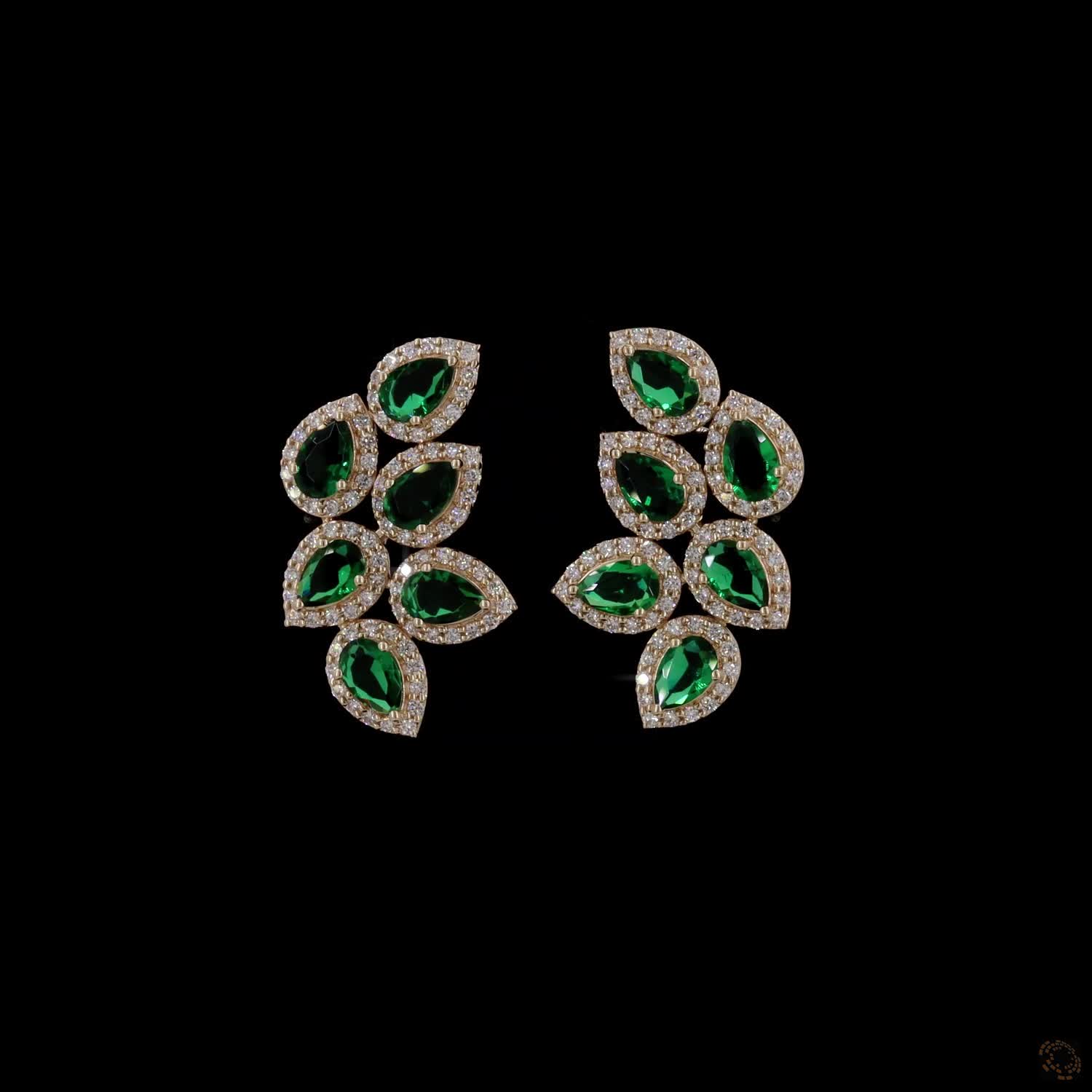 0.97 Ct Yellow Gold Simulated Emerald Ear Crawlers, Pear Shape Halo Vine Cluster Earrings, Statement Evening & Bridal Fine Jewelry