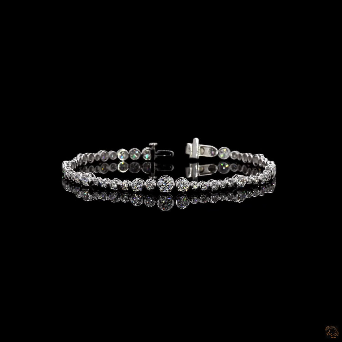 6.33 Ct 4K White Gold Graduated Round Cut Bezel Fancy Bracelet with Double Latch Box Clasp