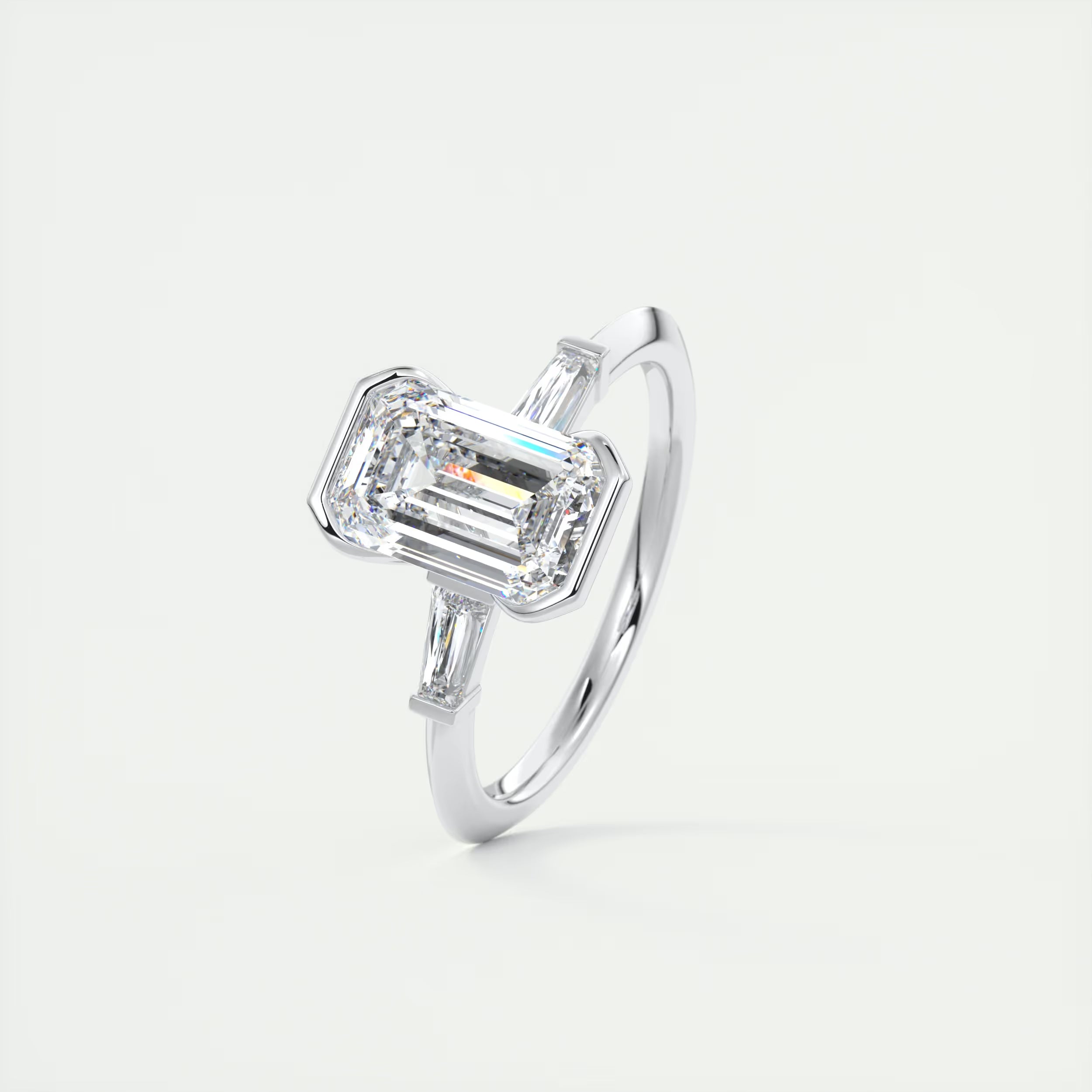 2.30 Ct Center Stone Emerald - Half Bezel Side Stone Tap Baguette Engagement Rings