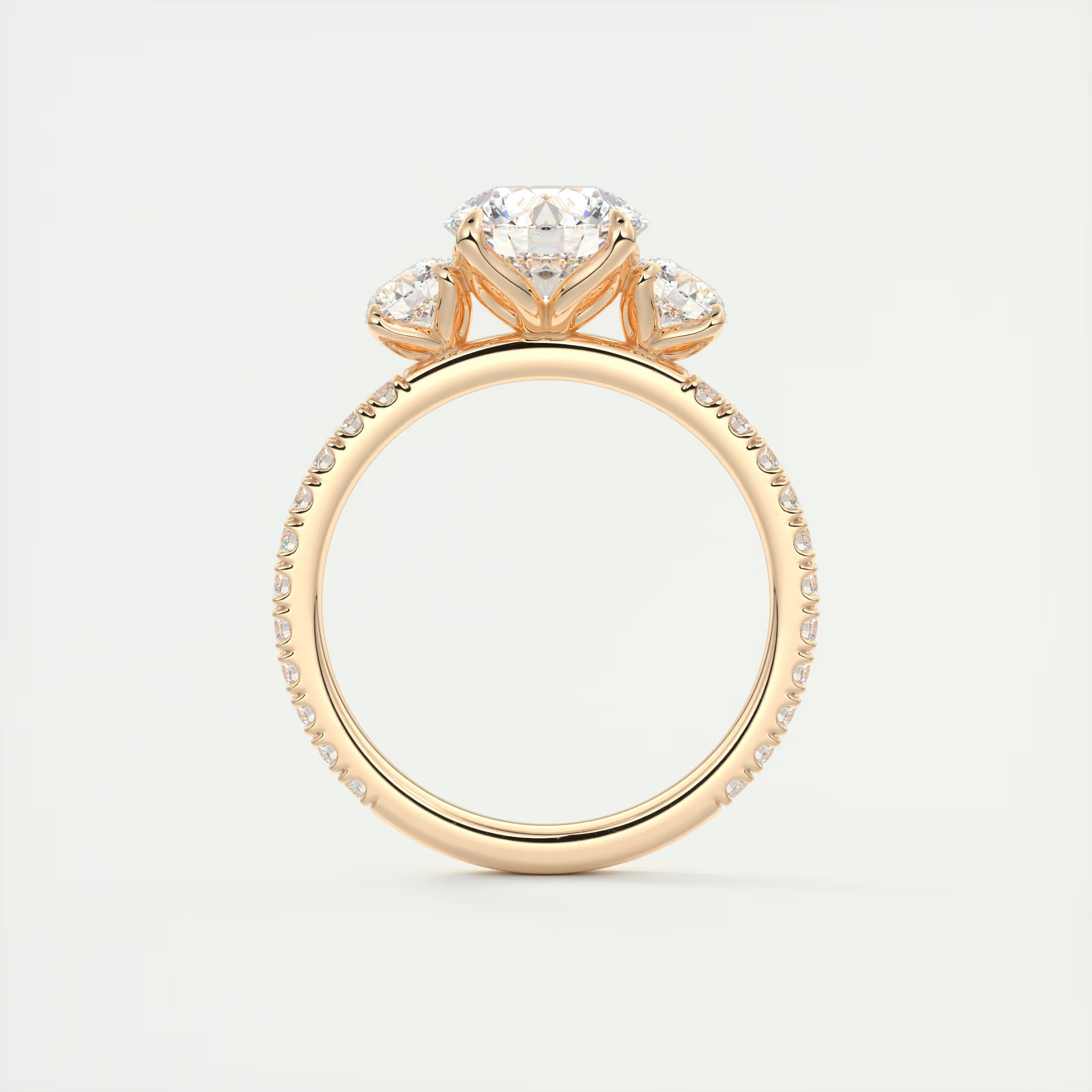 2.15 Ct Royale Three Stone Round -Floral French Set Pavé Engagement Rings