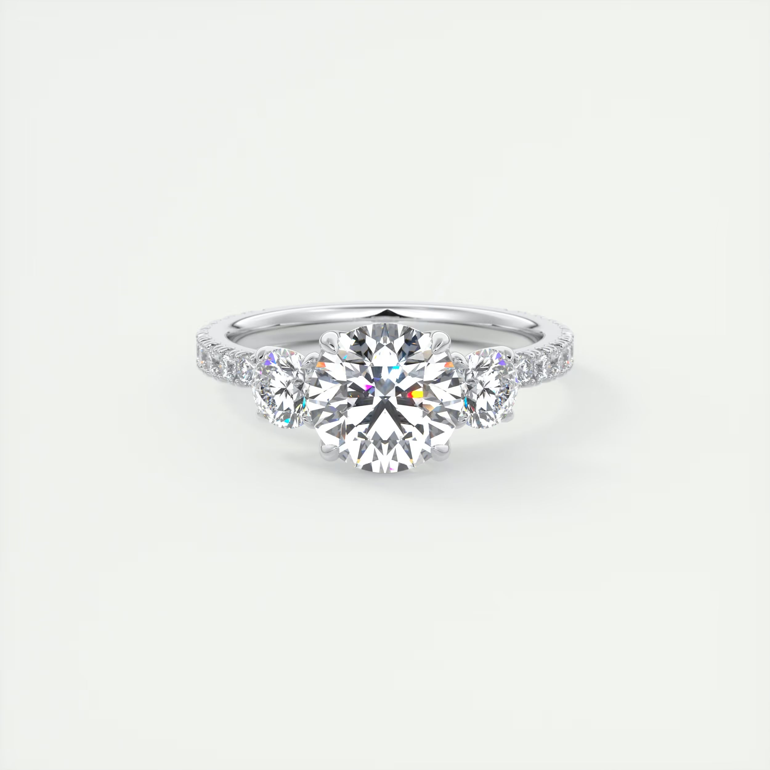 2.15 Ct Royale Three Stone Round -Floral French Set Pavé Engagement Rings