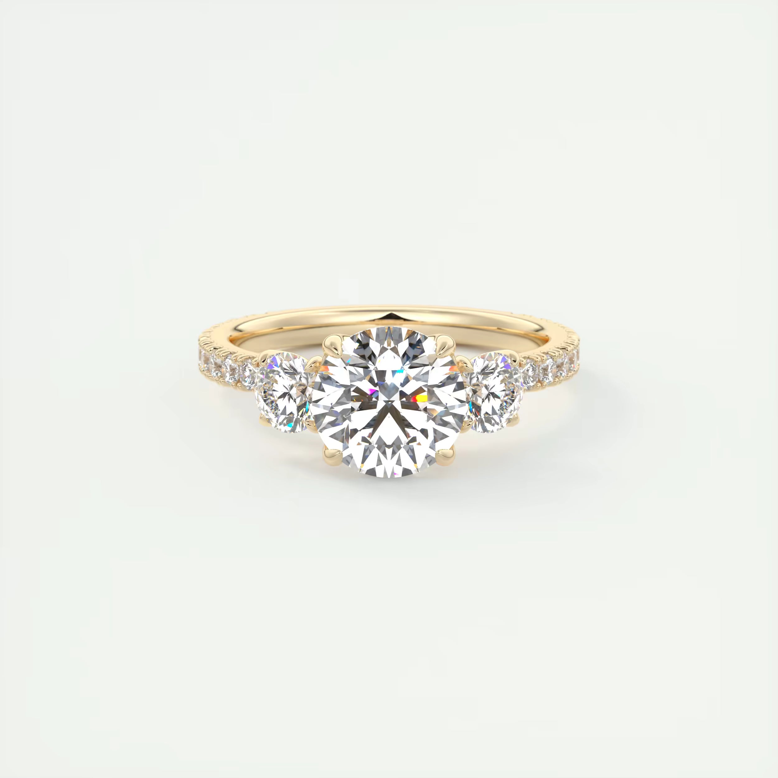 2.50 Ct Round Solitaire Ring Three Stone Ring with 3/4 French Set Pave Engagement Rings