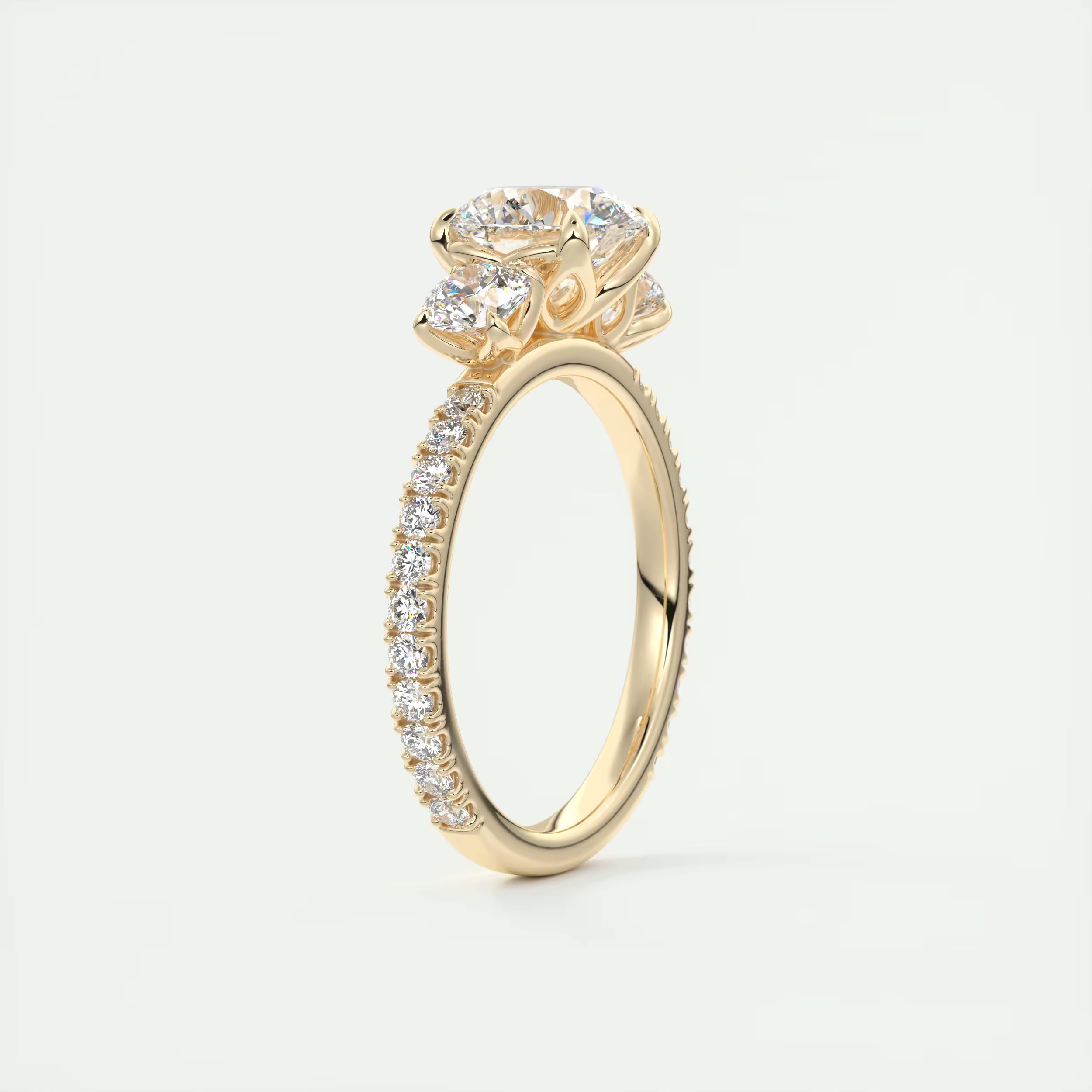 2.50 Ct Round Solitaire Ring Three Stone Ring with 3/4 French Set Pave Engagement Rings