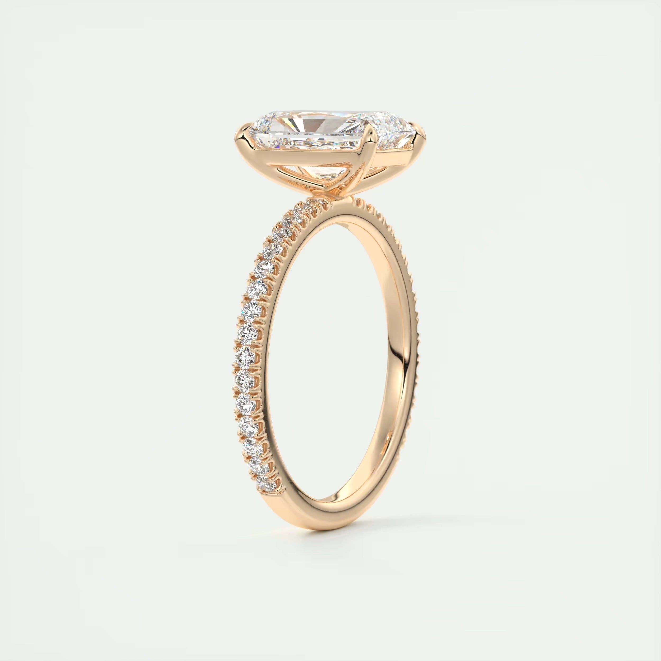 2.30 Ct Harper Pavé Center Stone Radiant & Side Stone Round with 1.5mm French Set Pavé Ring