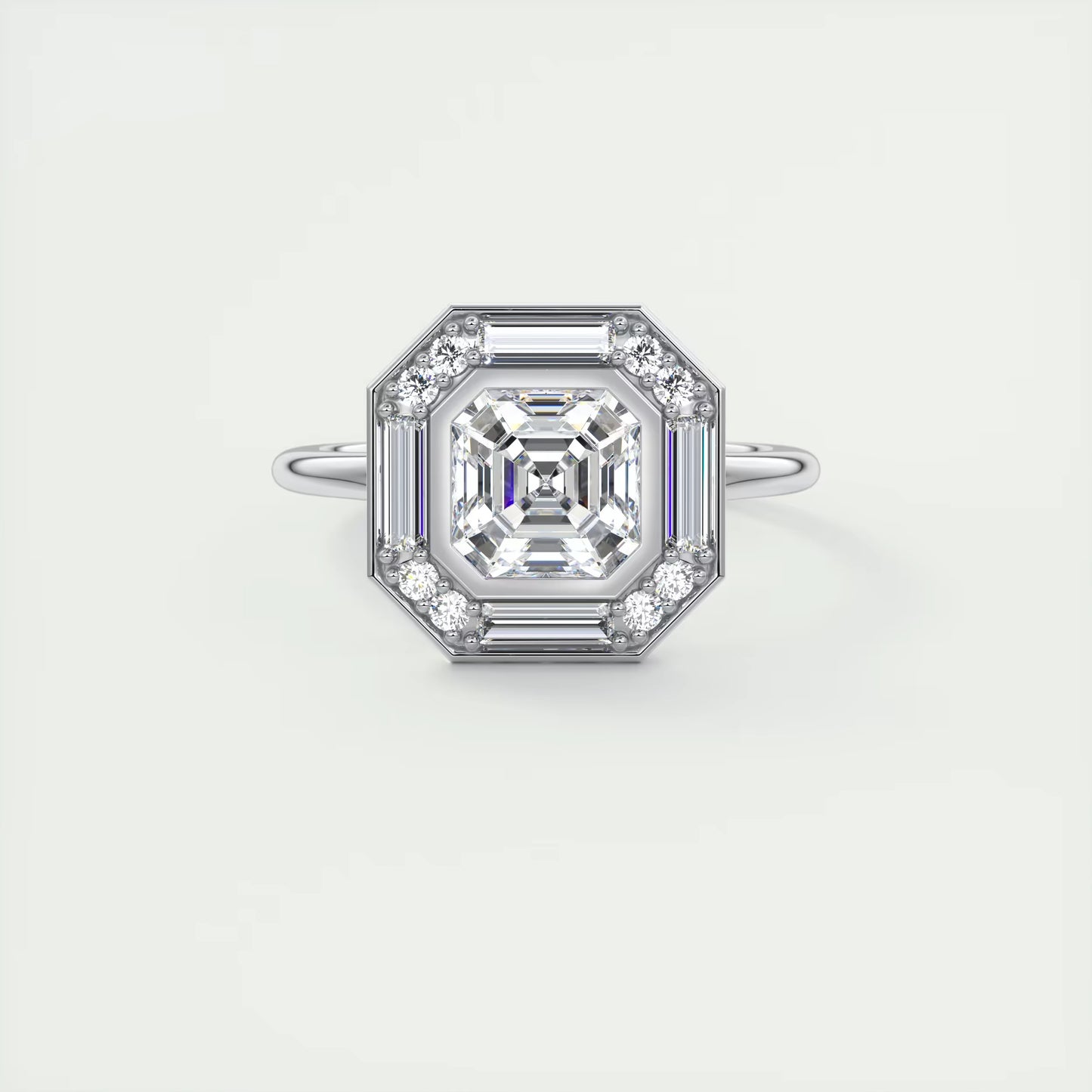 2.76 Ct The Deco Halo Asscher Center & Baguette Halo Ring