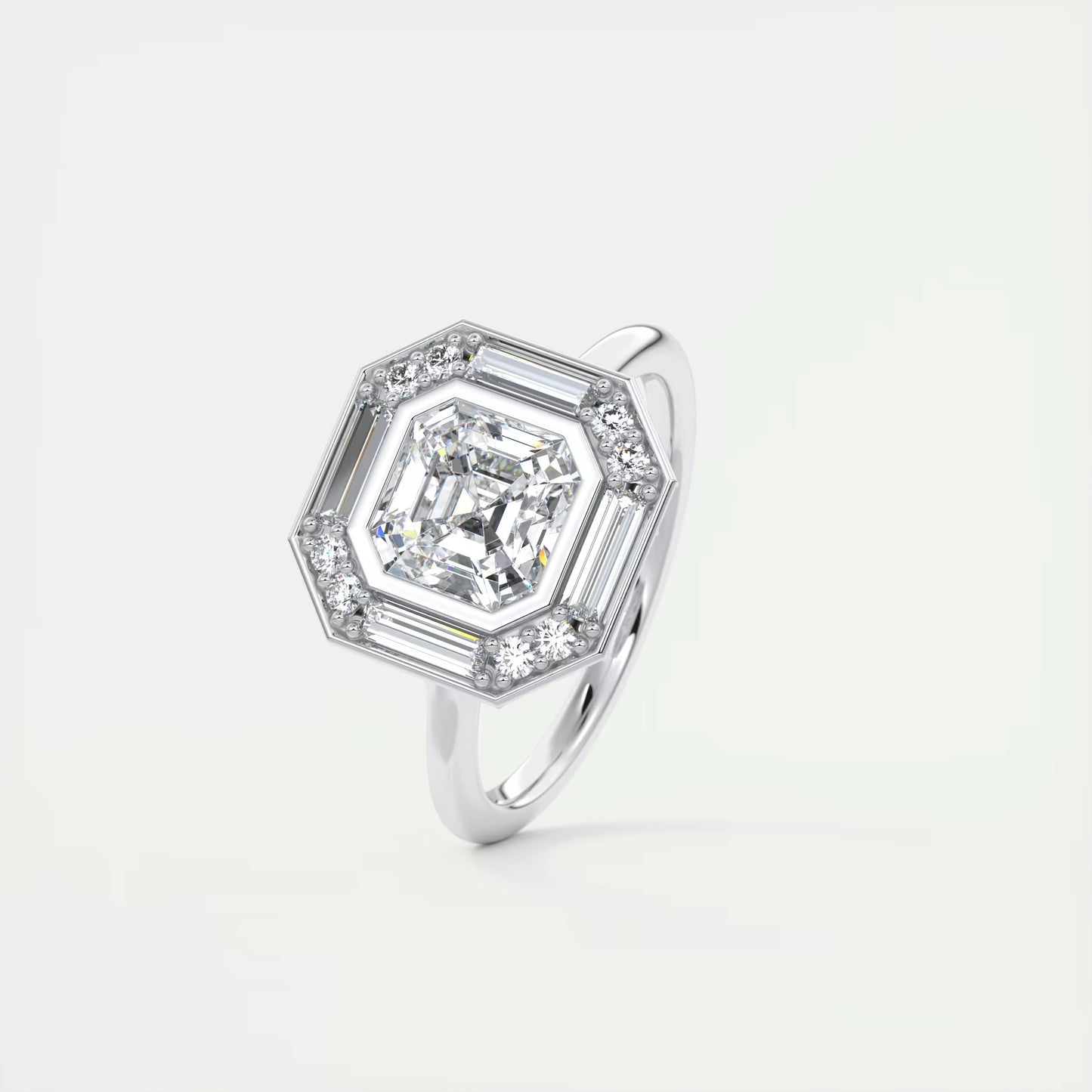 2.76 Ct The Deco Halo Asscher Center & Baguette Halo Ring