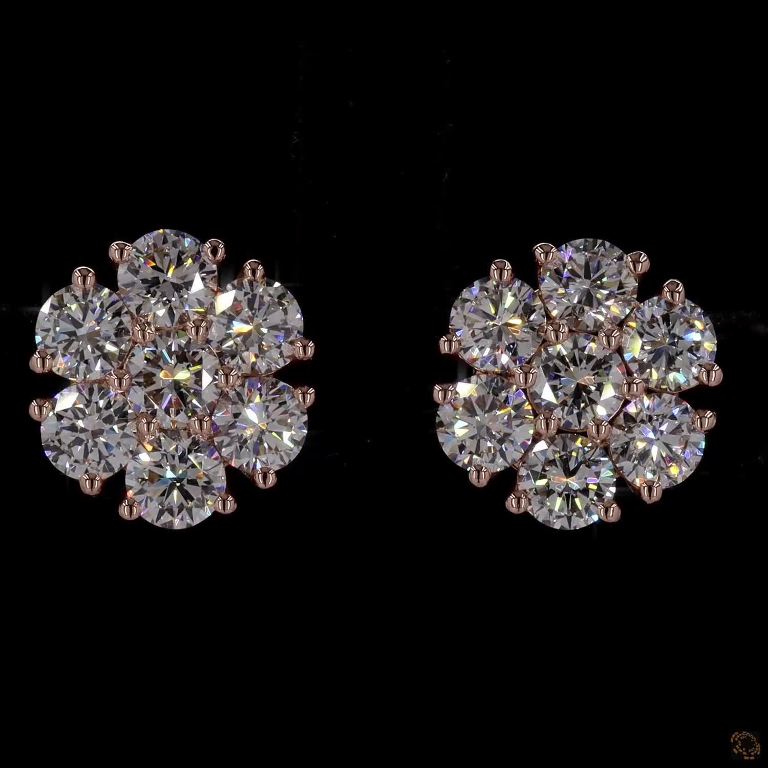 3.11 Ct Round Diamond Floral Cluster Stud Earrings in 14K Rose Gold | 7-Stone Flower Solitaire Look Studs