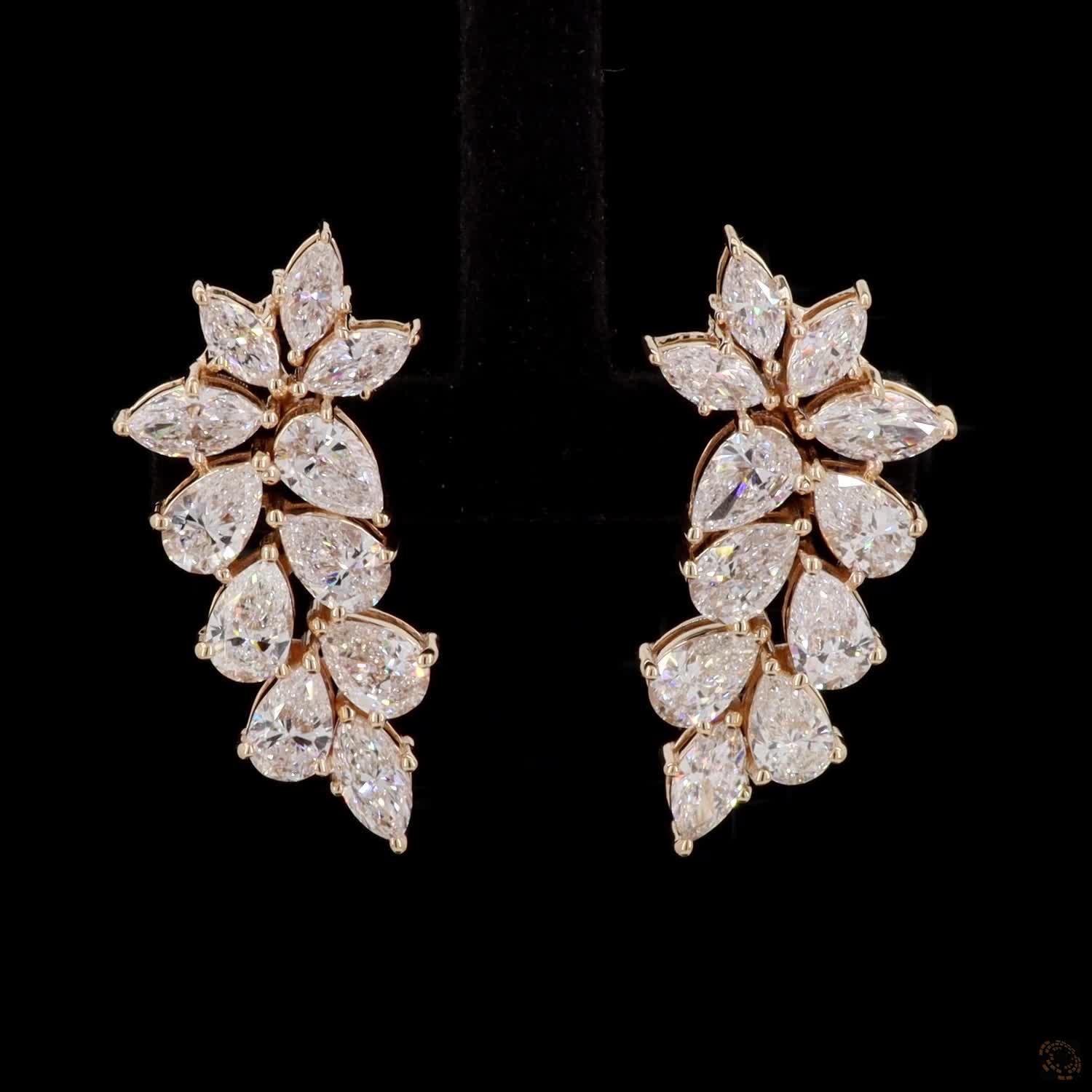 4.4 Ct Multi-Shape Ear Crawlers, Yellow Gold Leaf Cluster Earrings, Statement Bridal Vine Jewelry