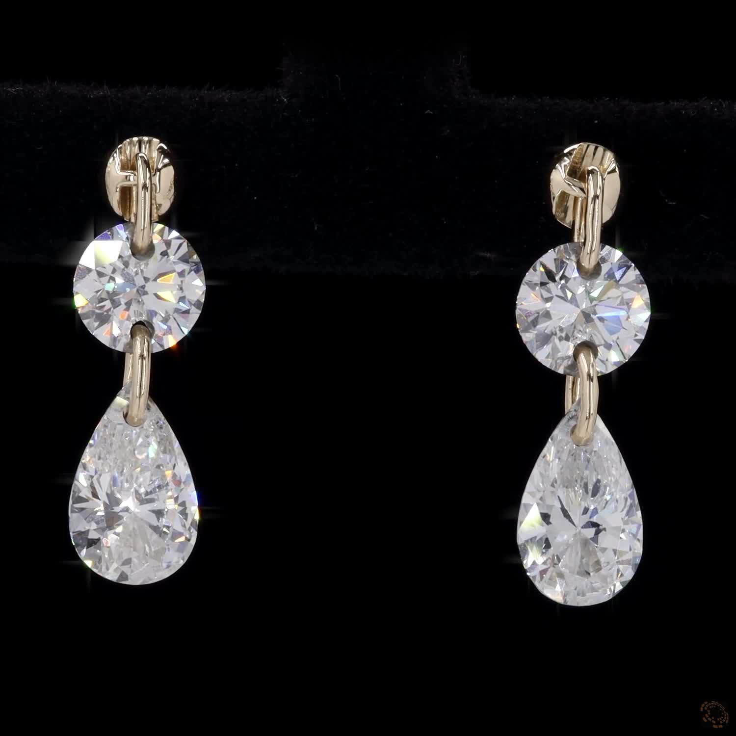 1.89 Ct 14K Yellow Gold Round & Pear Cut Two-Stone Drop Earrings