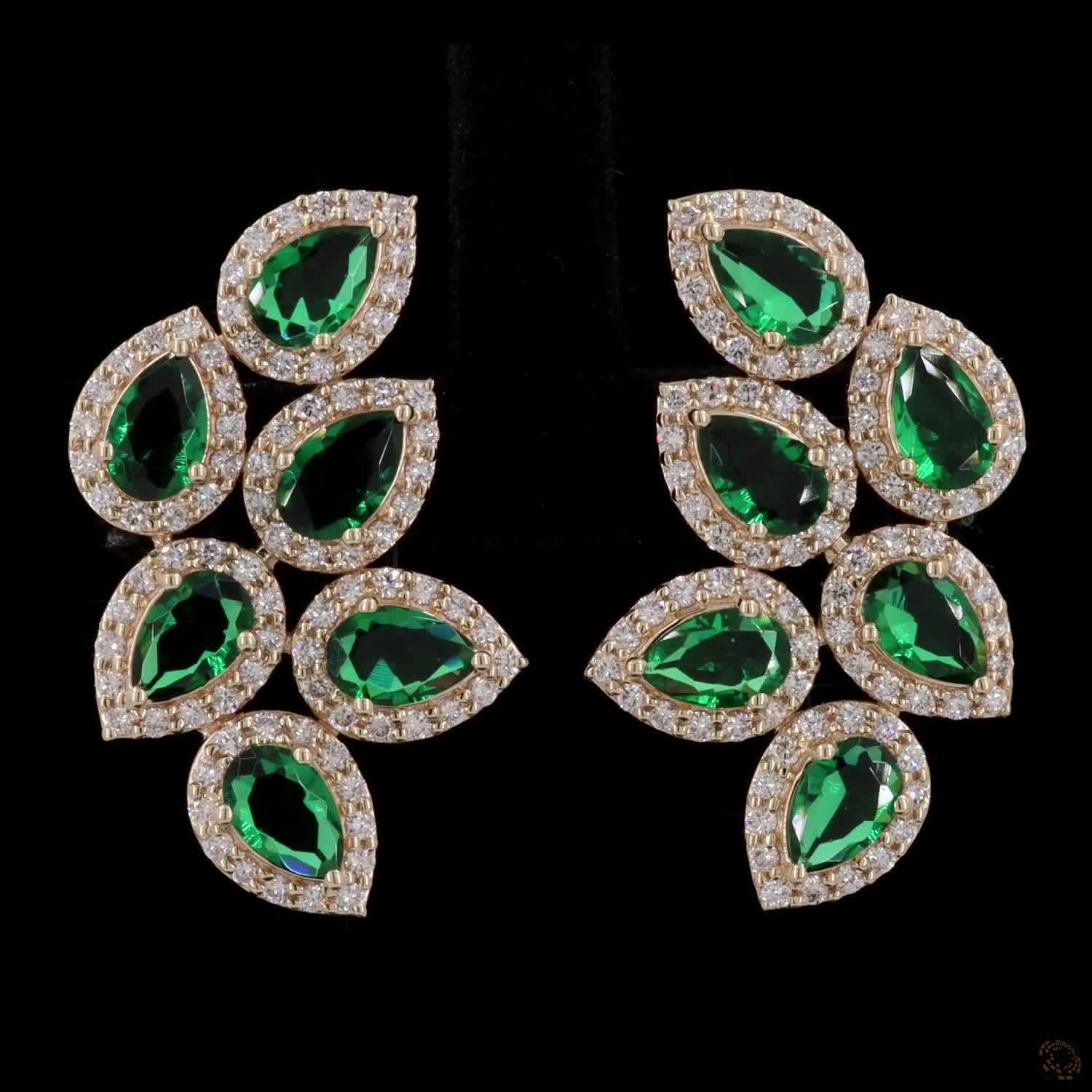 0.97 Ct Yellow Gold Simulated Emerald Ear Crawlers, Pear Shape Halo Vine Cluster Earrings, Statement Evening & Bridal Fine Jewelry