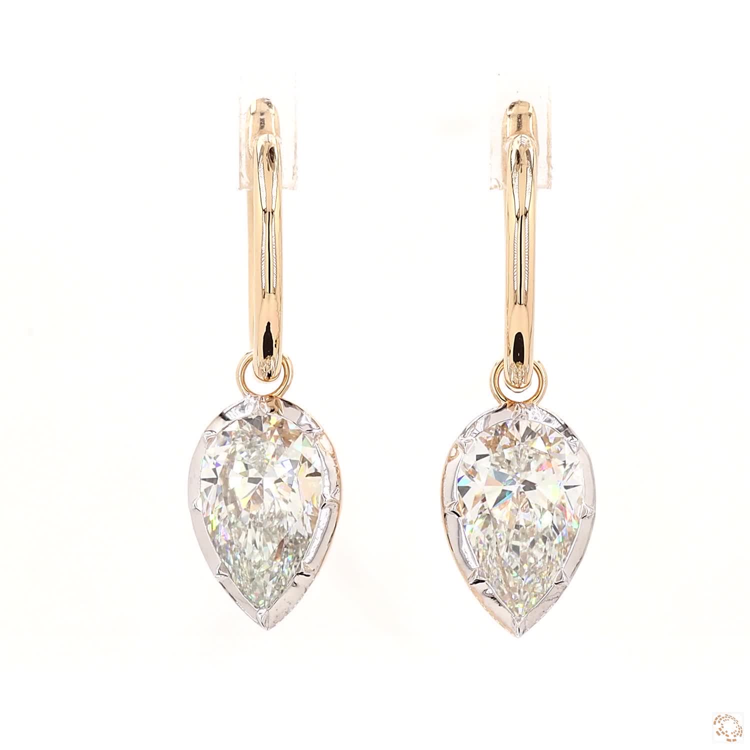 6.09 Ct Pear Cut Diamond Dangle Huggie Hoop Earrings, 14K Two-Tone Gold Teardrop Solitaire Drops
