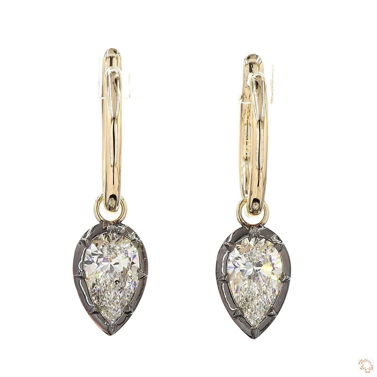 4.16 Ct Pear Cut Diamond Drop Huggie Earrings in 14K Gold | Blackened Bezel Teardrop Dangle Hoops