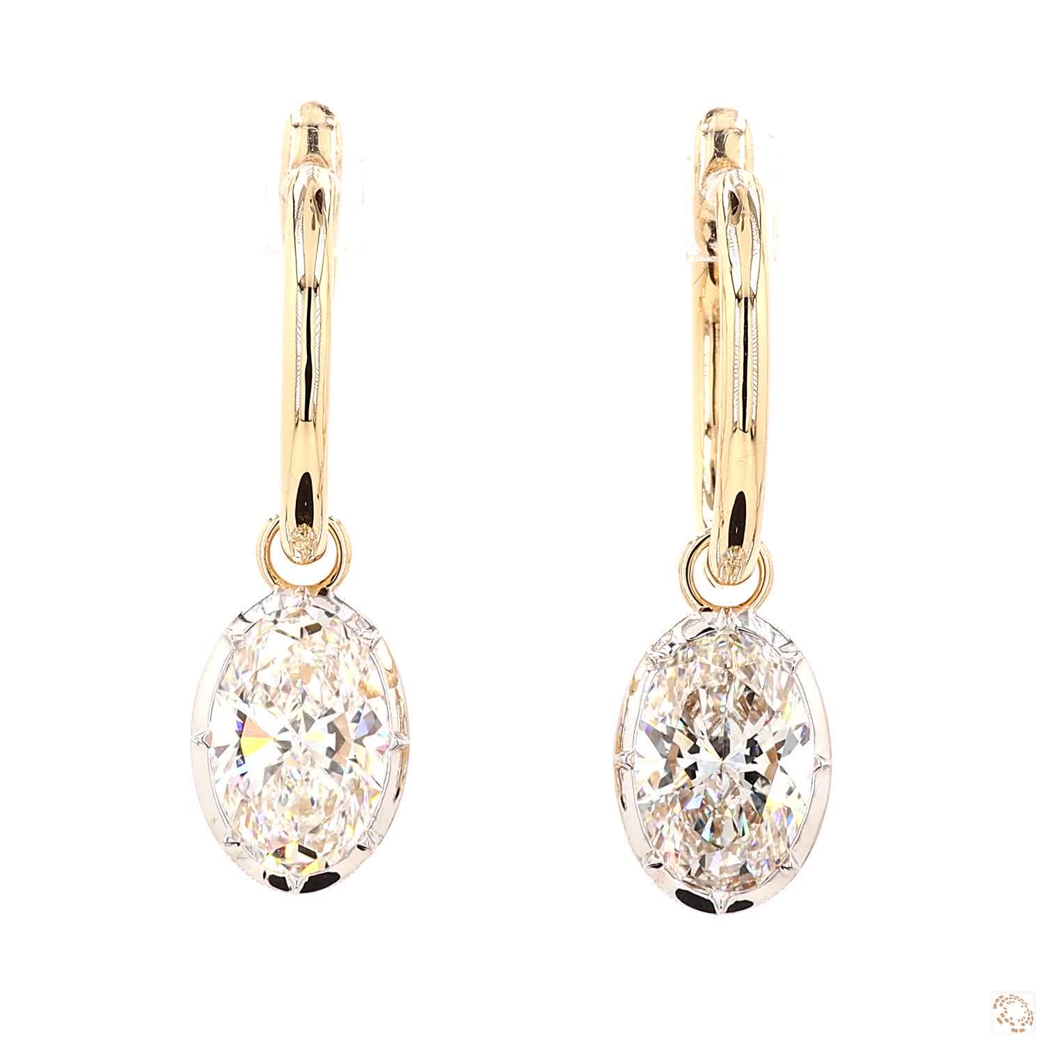 4.20 Ct Oval Cut Diamond Drop Huggie Earrings in 14K Two-Tone Gold | Vertical Solitaire Dangle Hoops