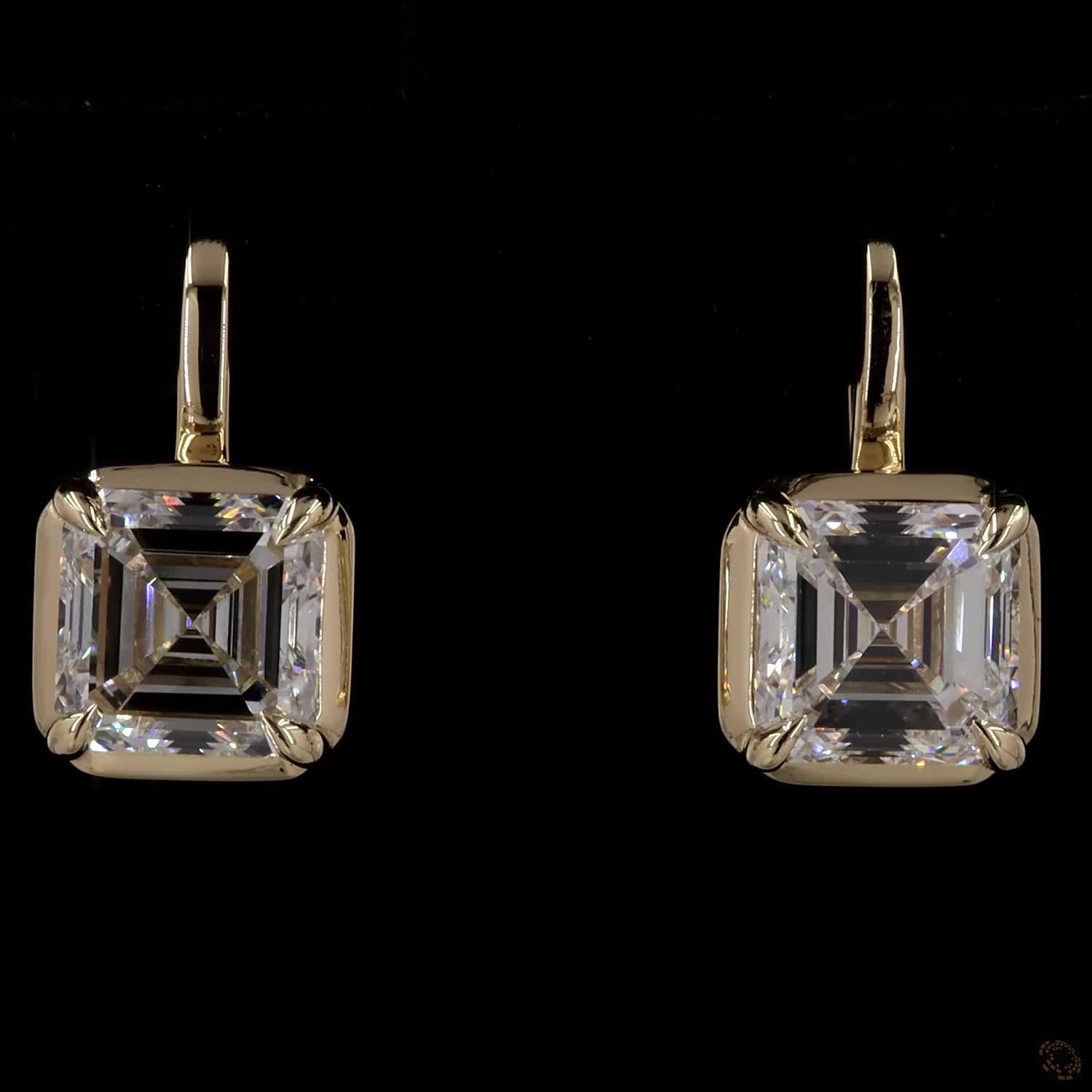 3.06 Ct Yellow Gold Asscher Cut Diamond Solitaire Leverback Drop Earrings