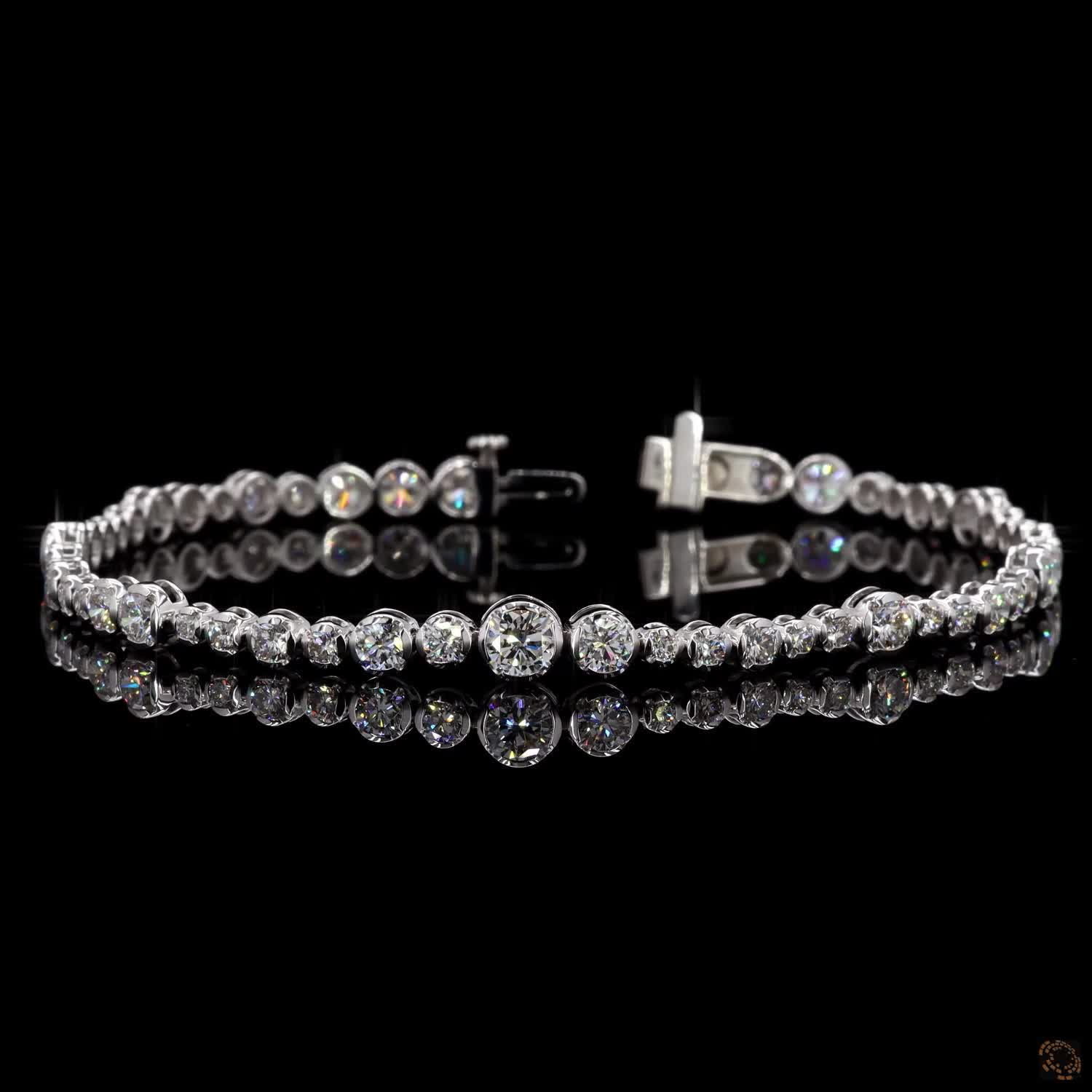 6.33 Ct 4K White Gold Graduated Round Cut Moissanite Bezel Fancy Bracelet with Double Latch Box Clasp