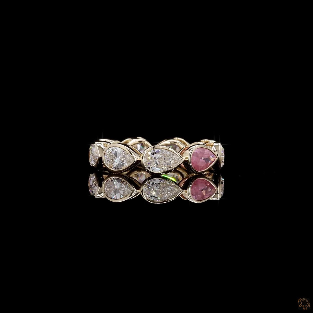 2.47 Ct East-West Bezel-Set Pear Diamond Eternity Band with Pink Sapphire Accent in Yellow Gold
