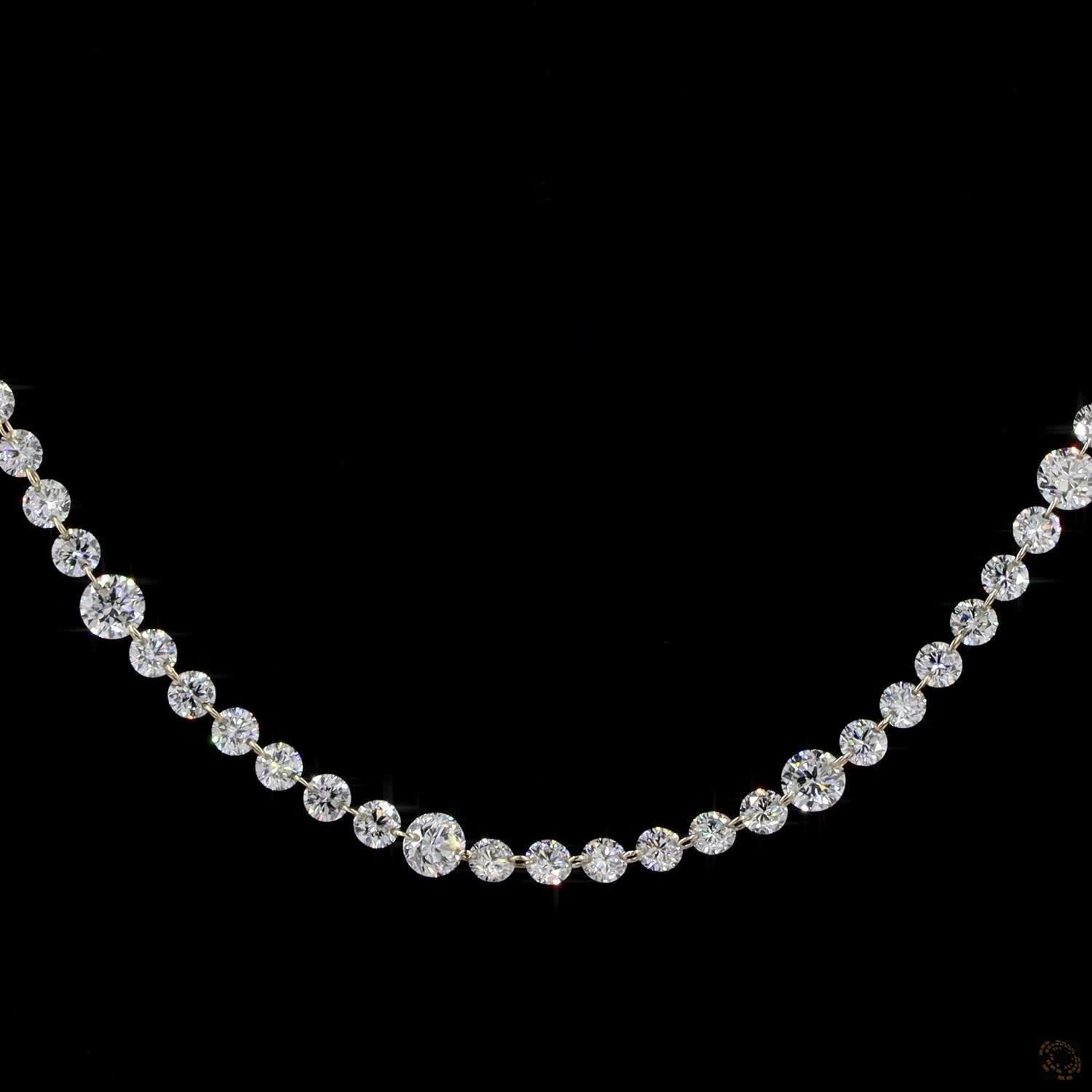 22.87 Ct graduated diamond tennis necklace, round brilliant diamond Riviera necklace, classic diamond choker, floating diamond strand, yellow gold prong-set diamond necklace