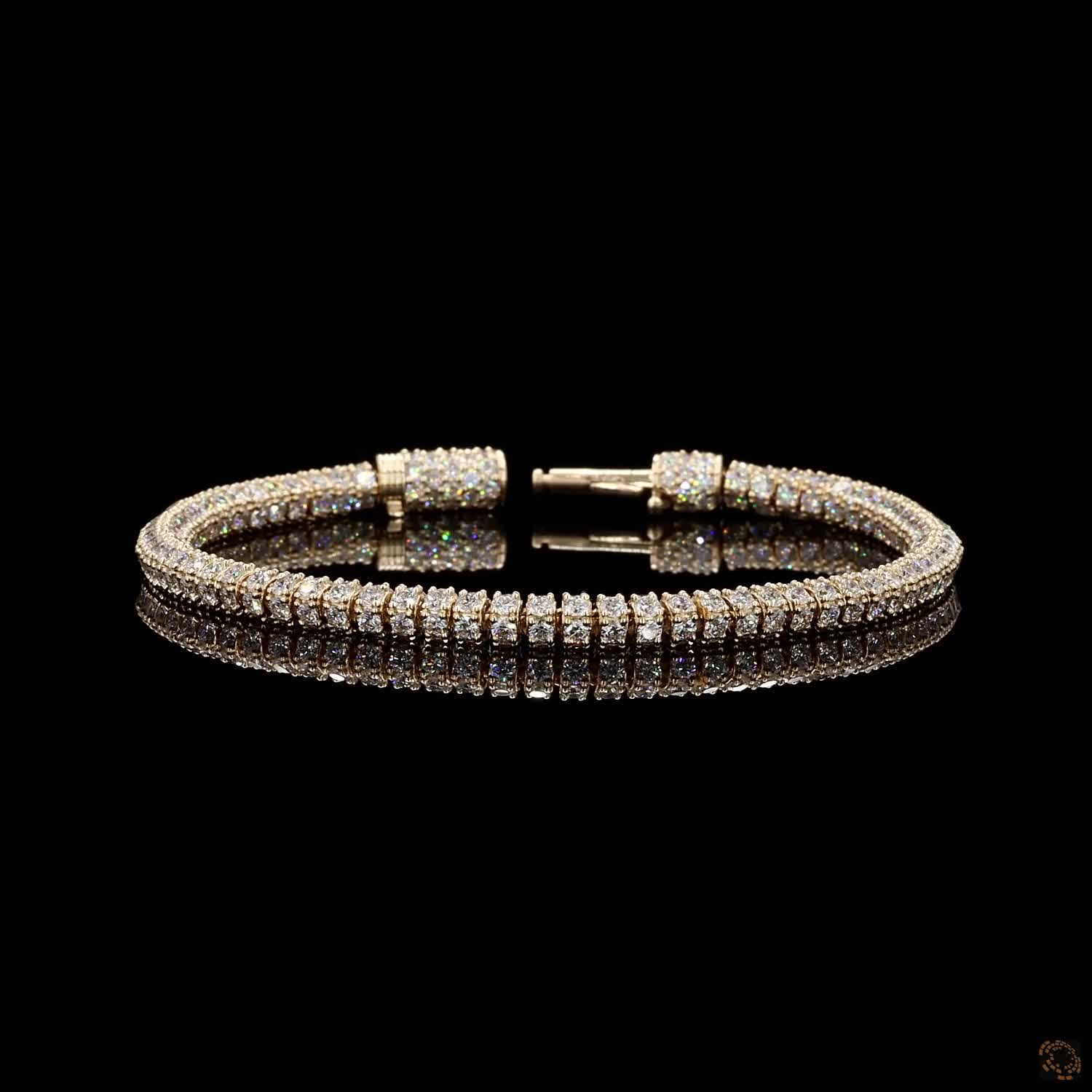 10.28 Ct 14K Yellow Gold Double-Row Round Fency Bracelet with Fully Encrusted Cylinder Clasp