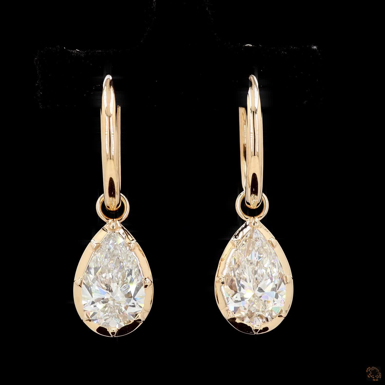 4.1 Pear Cut Diamond Huggie Hoop Dangle Earrings in Yellow Gold