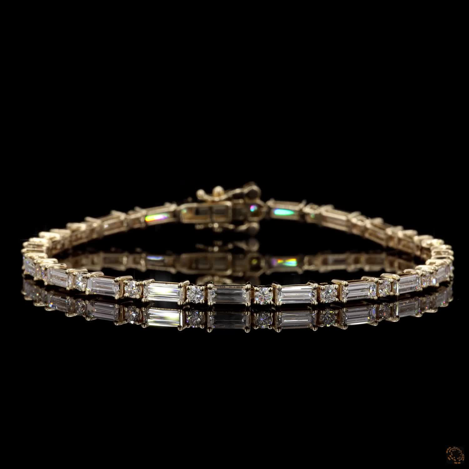 4.02 Ct Alternating Straight Baguette & Round Fancy Bracelet in 14K Yellow Gold | Baguette Eternity Line Bracelet
