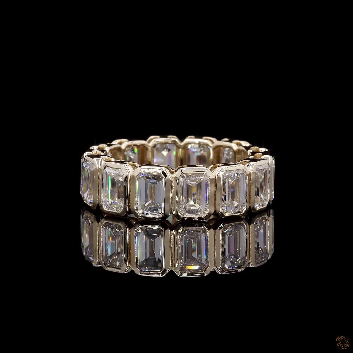 6.97 Ct Bezel-Set Emerald Cut Diamond Eternity Ring in Yellow Gold
