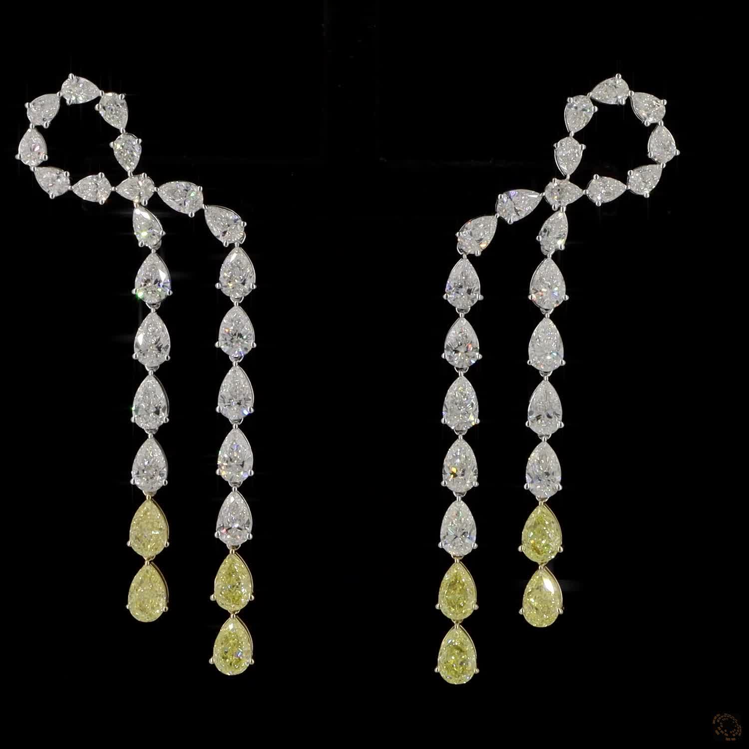 14.88 Ct Pear Cut Diamond Bow Ribbon Waterfall Drop Earrings | White & Fancy Yellow Diamond Dangle Earrings