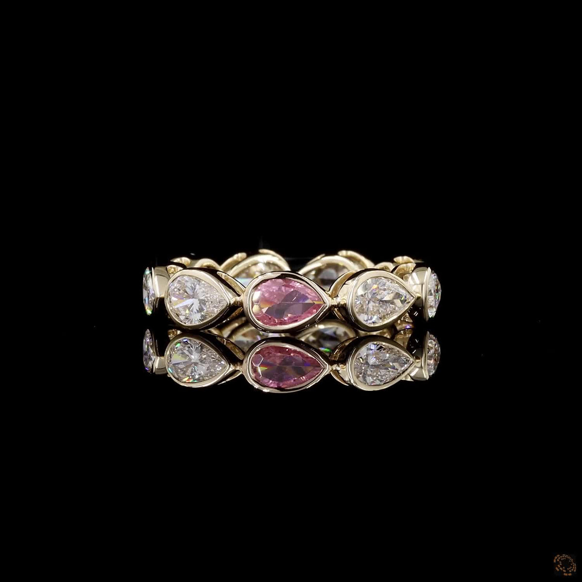 2.48 Ct Pear Diamond Bezel Eternity Band | Gold East-West Diamond & Pink Sapphire Ring