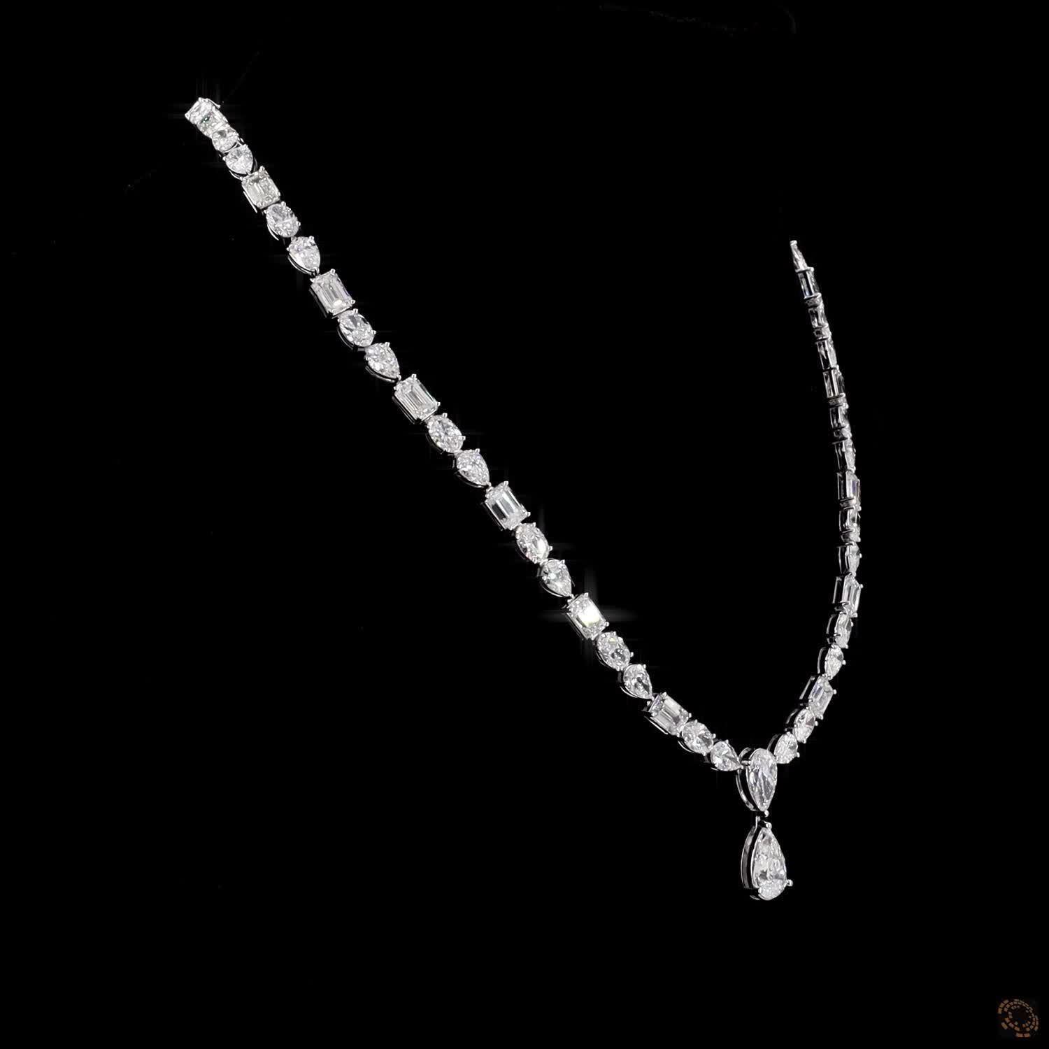 31.86 Ct Multi-Shape Diamond Tennis Necklace with Pear Drop | Mixed Cut Fancy Diamond Riviera Necklace in White Gold