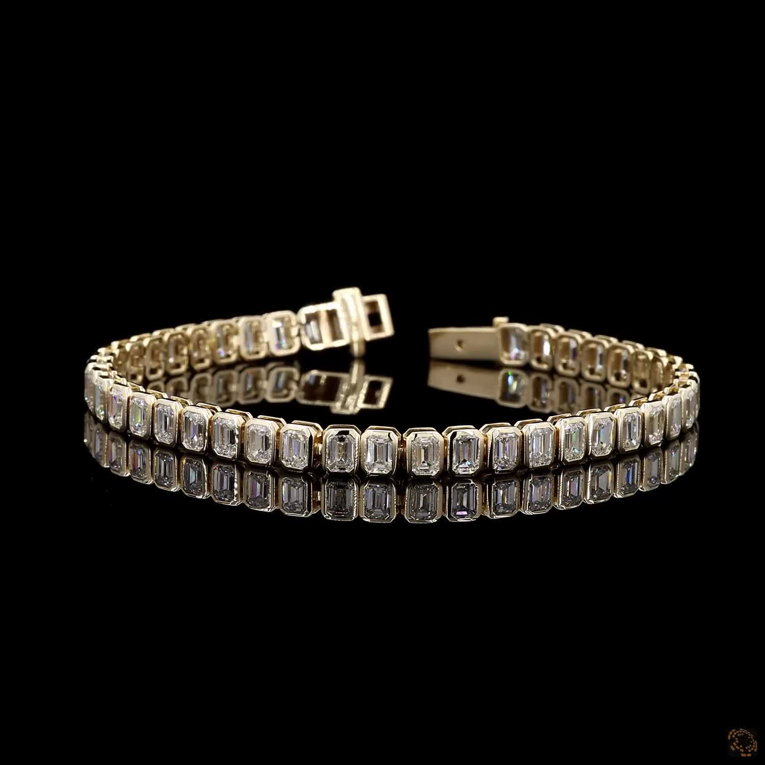 10.90 Ct Emerald Cut Bezel Fancy Bracelet in 14K Yellow Gold | Full Bezel Vertical Step Cut Line Bracelet