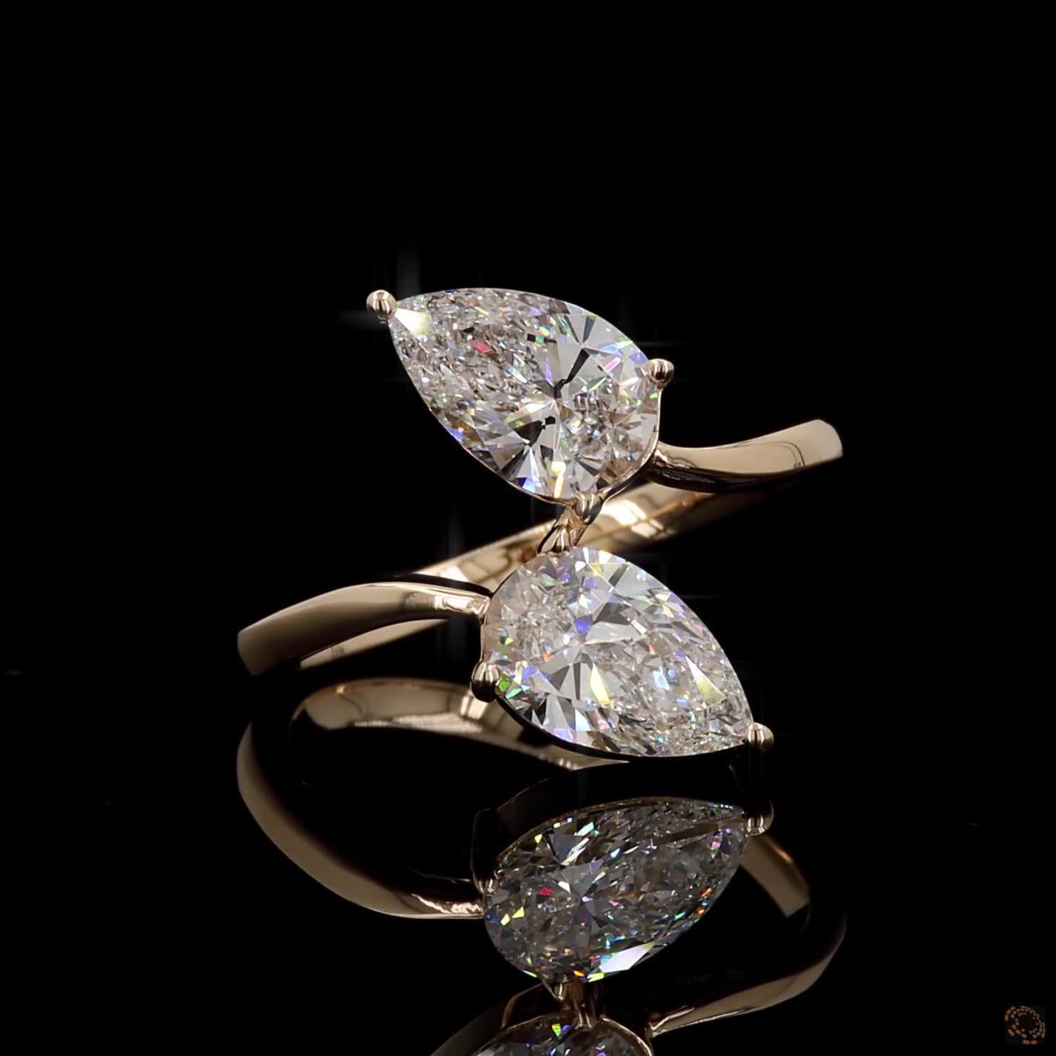 2.11 Ct Dual Pear Cut Diamond Bypass Toi et Moi Ring | Modern Yellow Gold Two-Stone Diamond Band