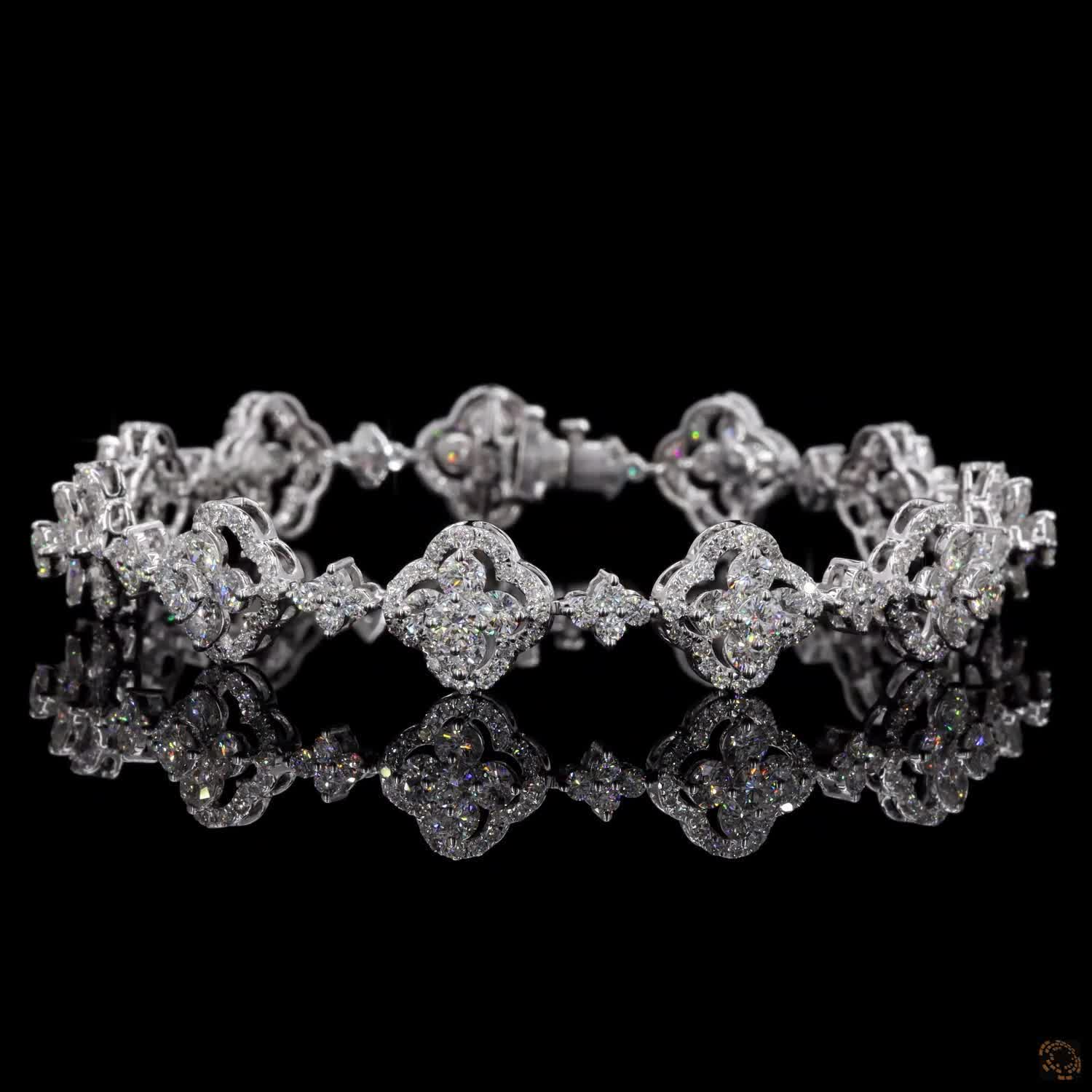 6.40 Ct Floral Quatrefoi Cluster Fancy Bracelet in 14K White Gold | Clover Halo Motif Line Bracelet