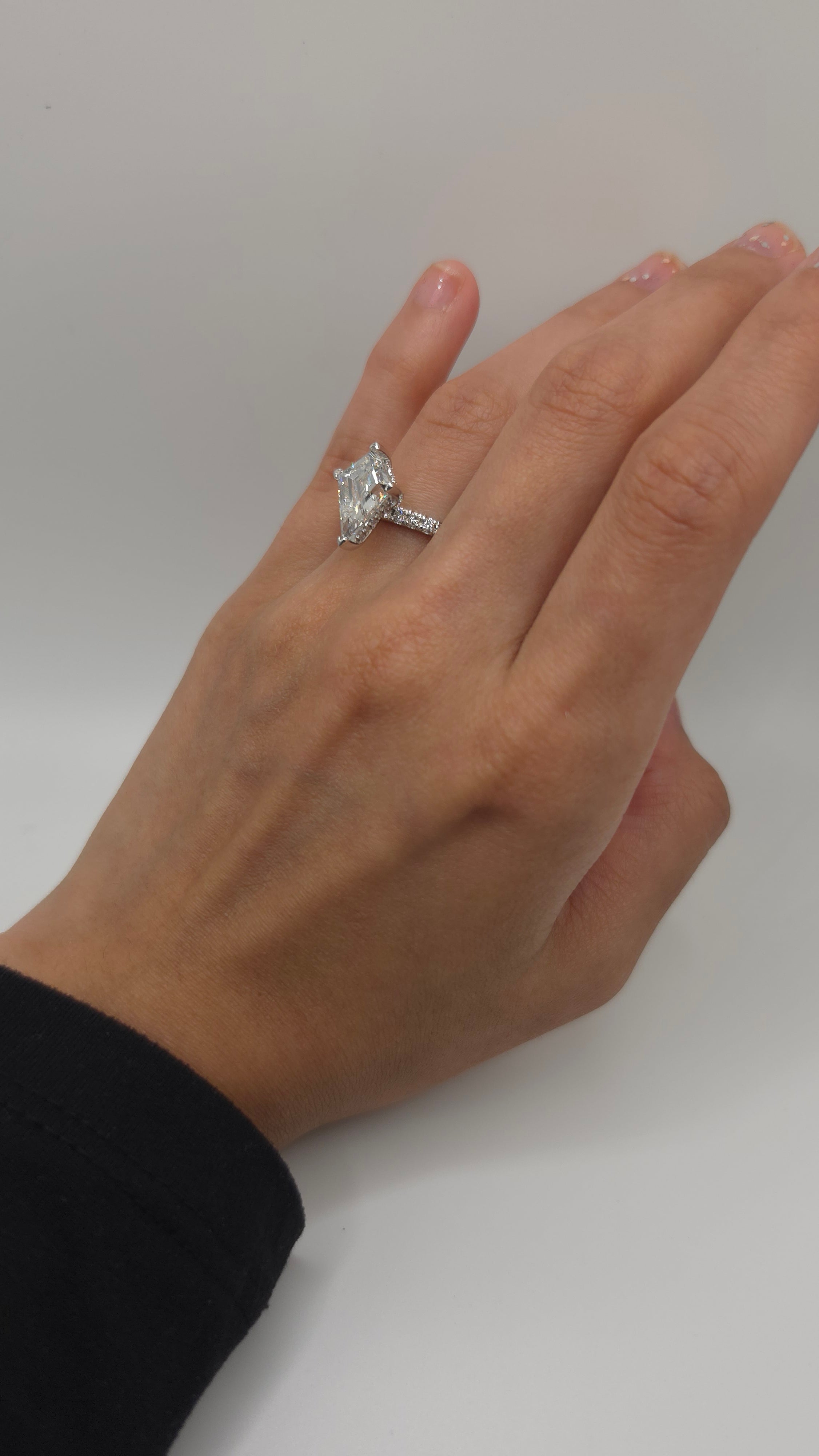 3.42 Ct Unique Geometric Kite Cut Diamond Engagement Ring with Hidden Halo and Pavé Band