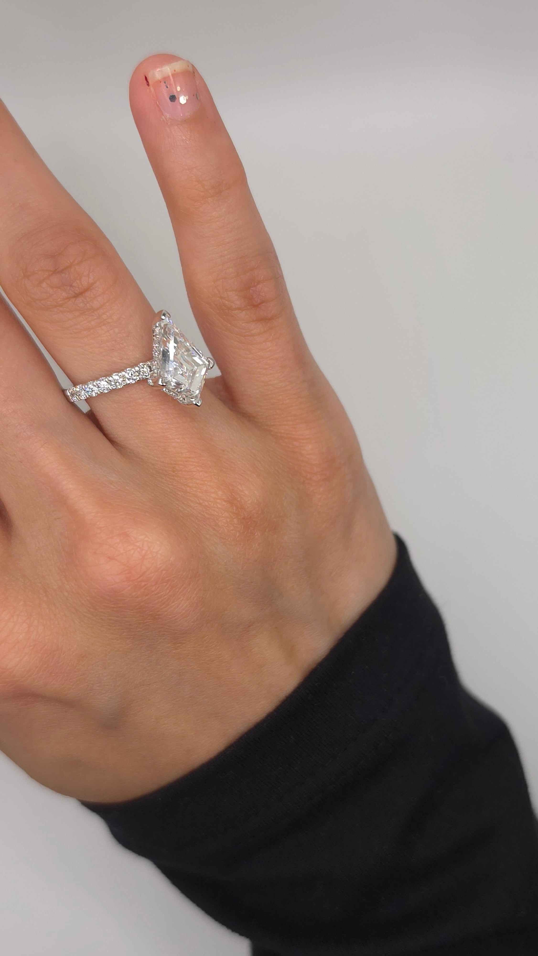 3.42 Ct Unique Geometric Kite Cut Diamond Engagement Ring with Hidden Halo and Pavé Band