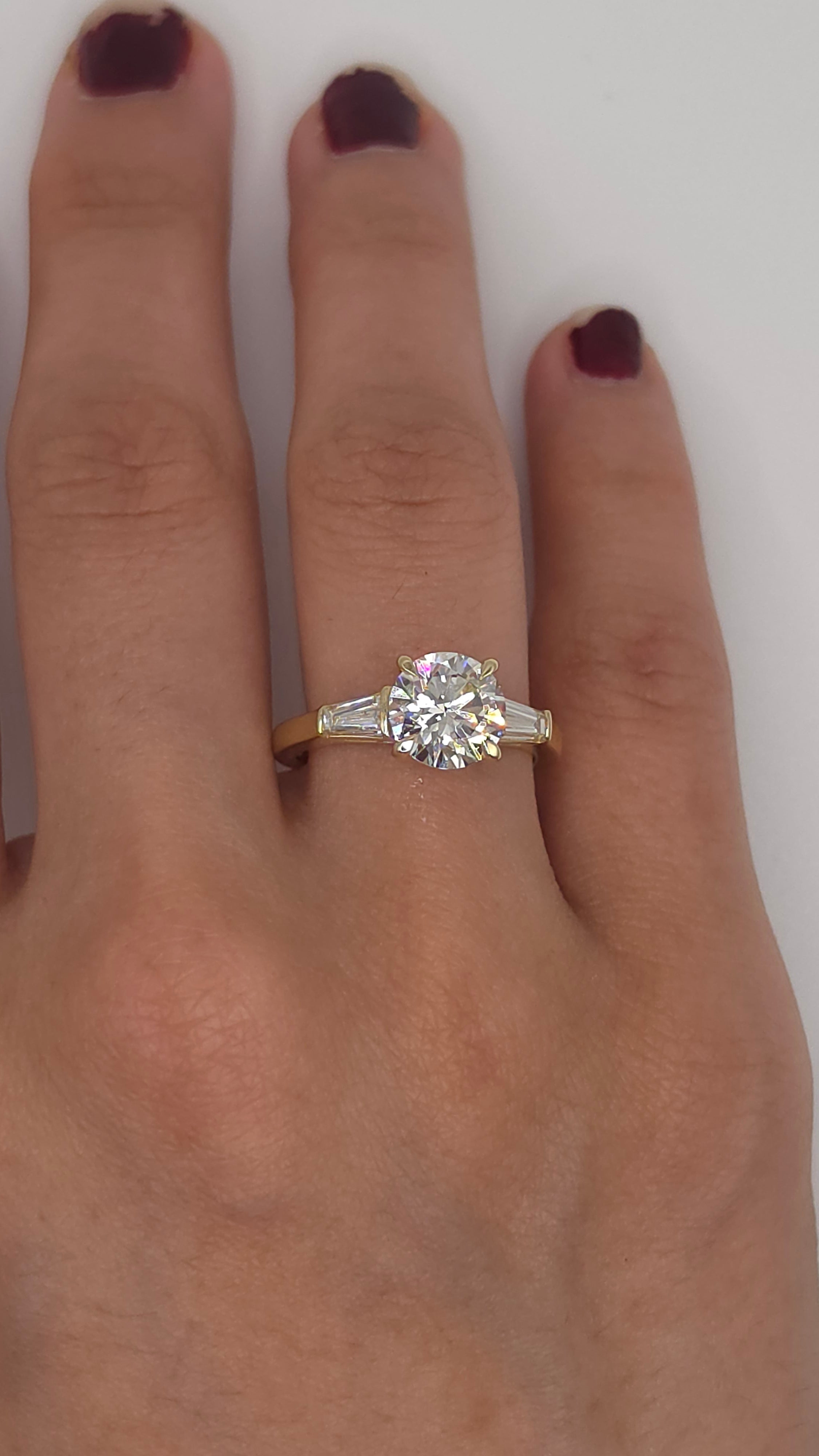 2.57 Ct Classic Round Brilliant Cut Diamond Three-Stone Engagement Ring with Tapered Baguette Side Stones