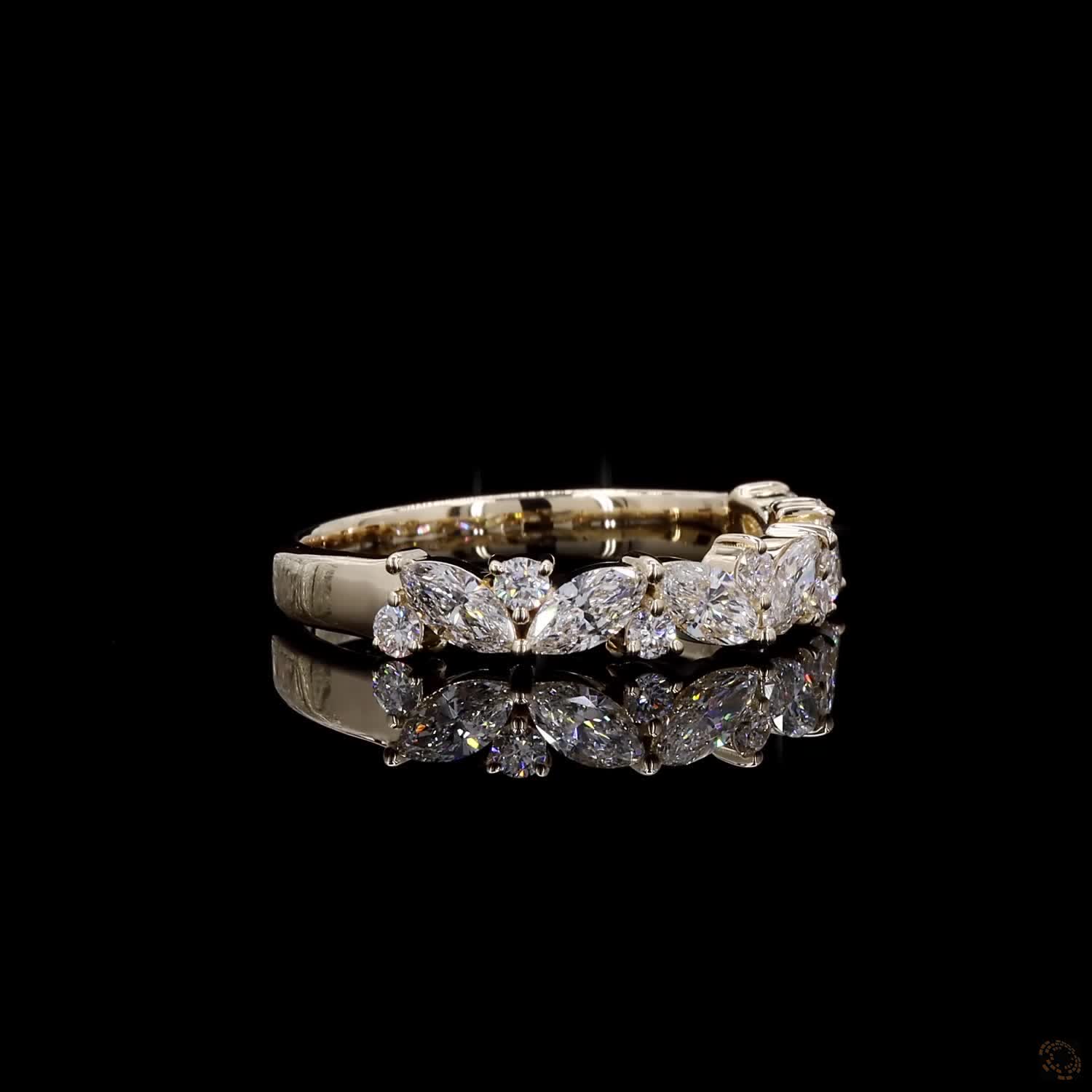 0.86 Ct 14K Yellow Gold Marquise & Round Diamond Vine Band | Leaf Cluster Wedding Ring