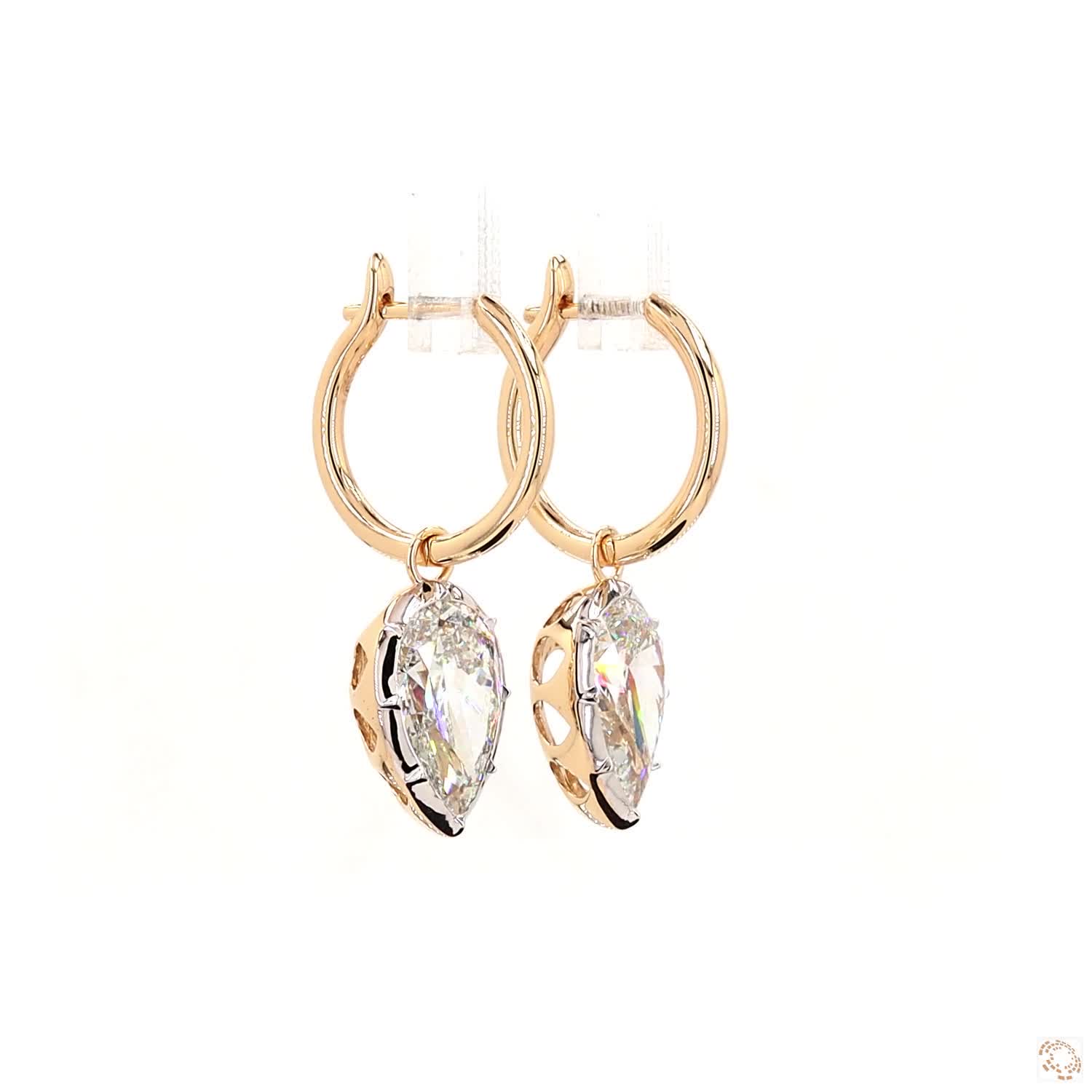 6.09 Ct Pear Cut Diamond Dangle Huggie Hoop Earrings, 14K Two-Tone Gold Teardrop Solitaire Drops