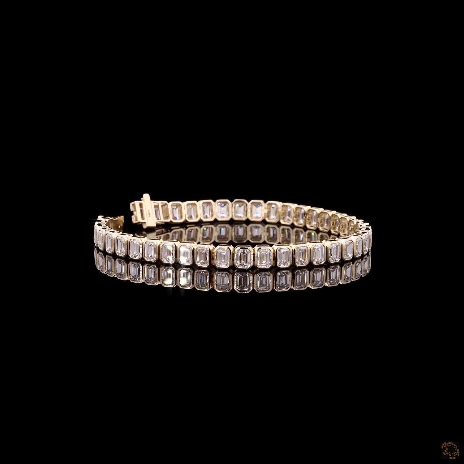 12.51 Ct Emerald Cut Moissanite Beze Fancy Bracelet in 14K Yellow Gold | Full Bezel Set Vertical Emerald Diamond Alternative Line Bracelet