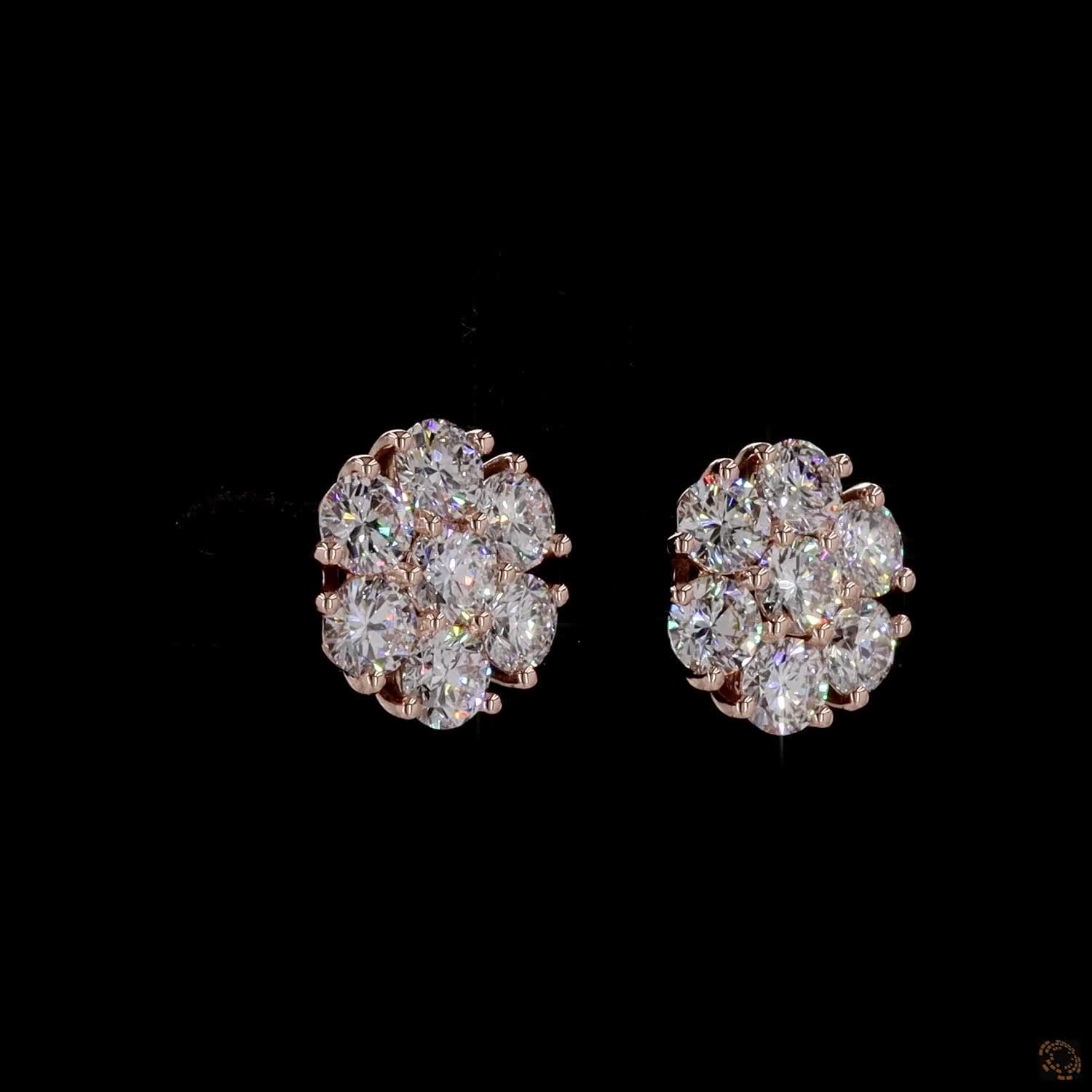 3.11 Ct Round Diamond Floral Cluster Stud Earrings in 14K Rose Gold | 7-Stone Flower Solitaire Look Studs