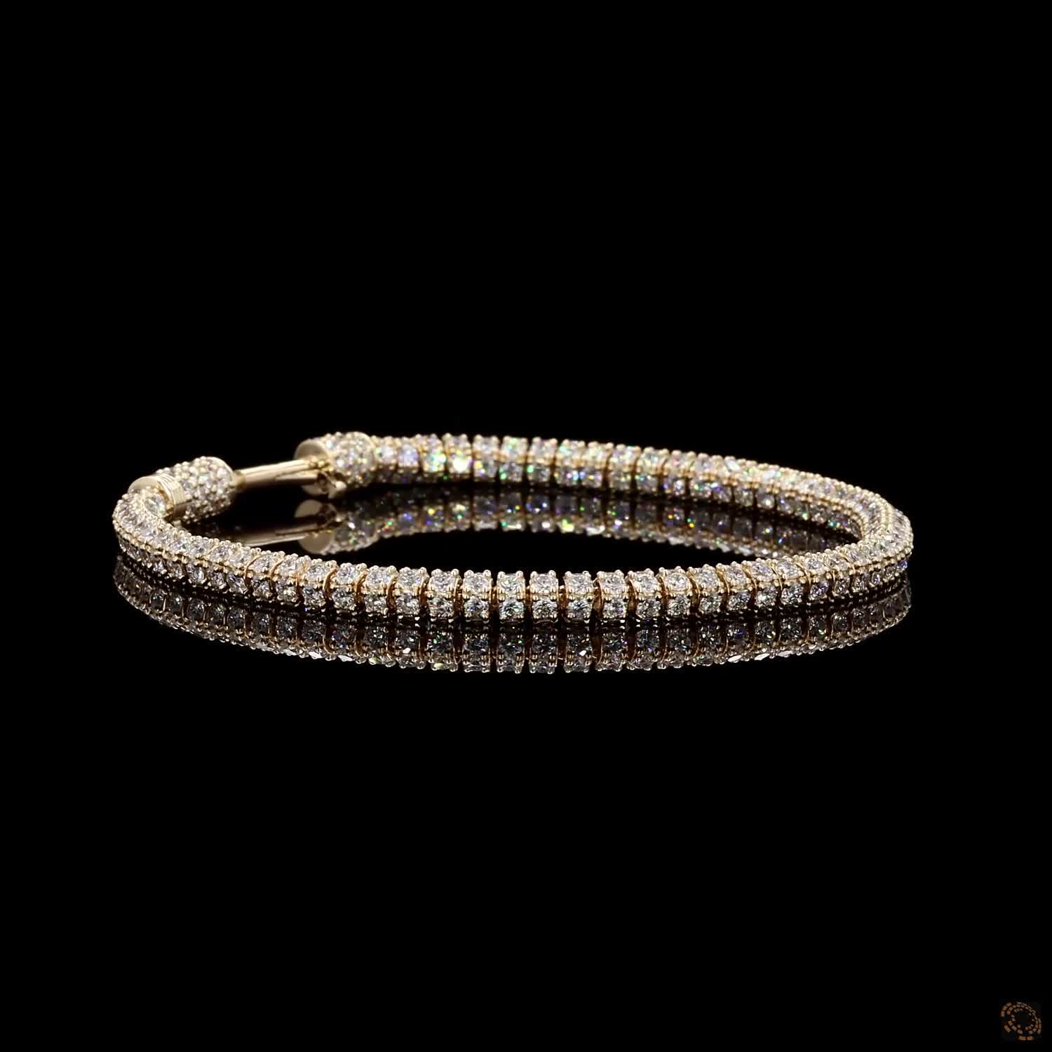 10.28 Ct 14K Yellow Gold Double-Row Round Fency Bracelet with Fully Encrusted Cylinder Clasp