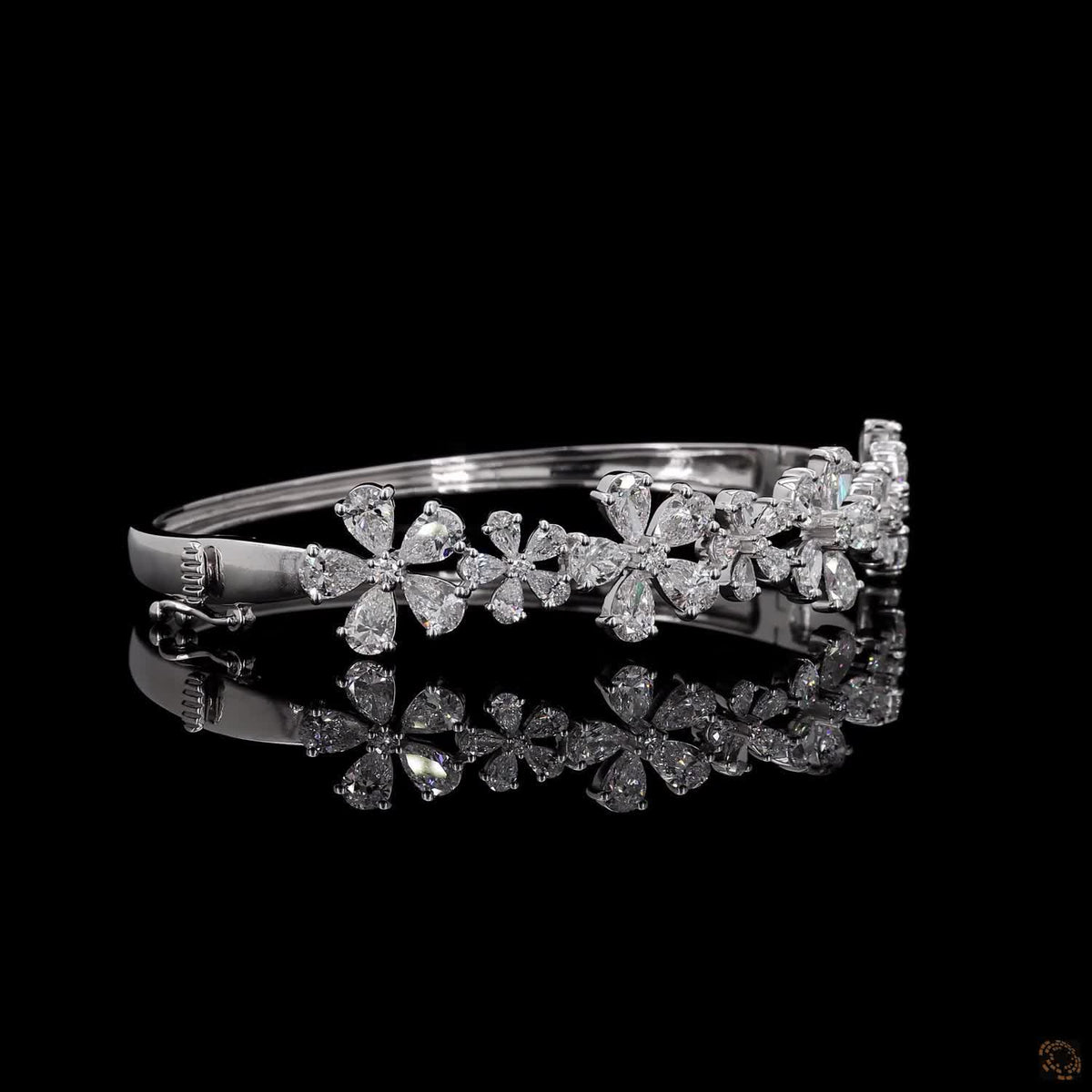 8.72 Ct Designer Floral Diamond Pear Cut Diamond Cluster Open Bangle in White Gold