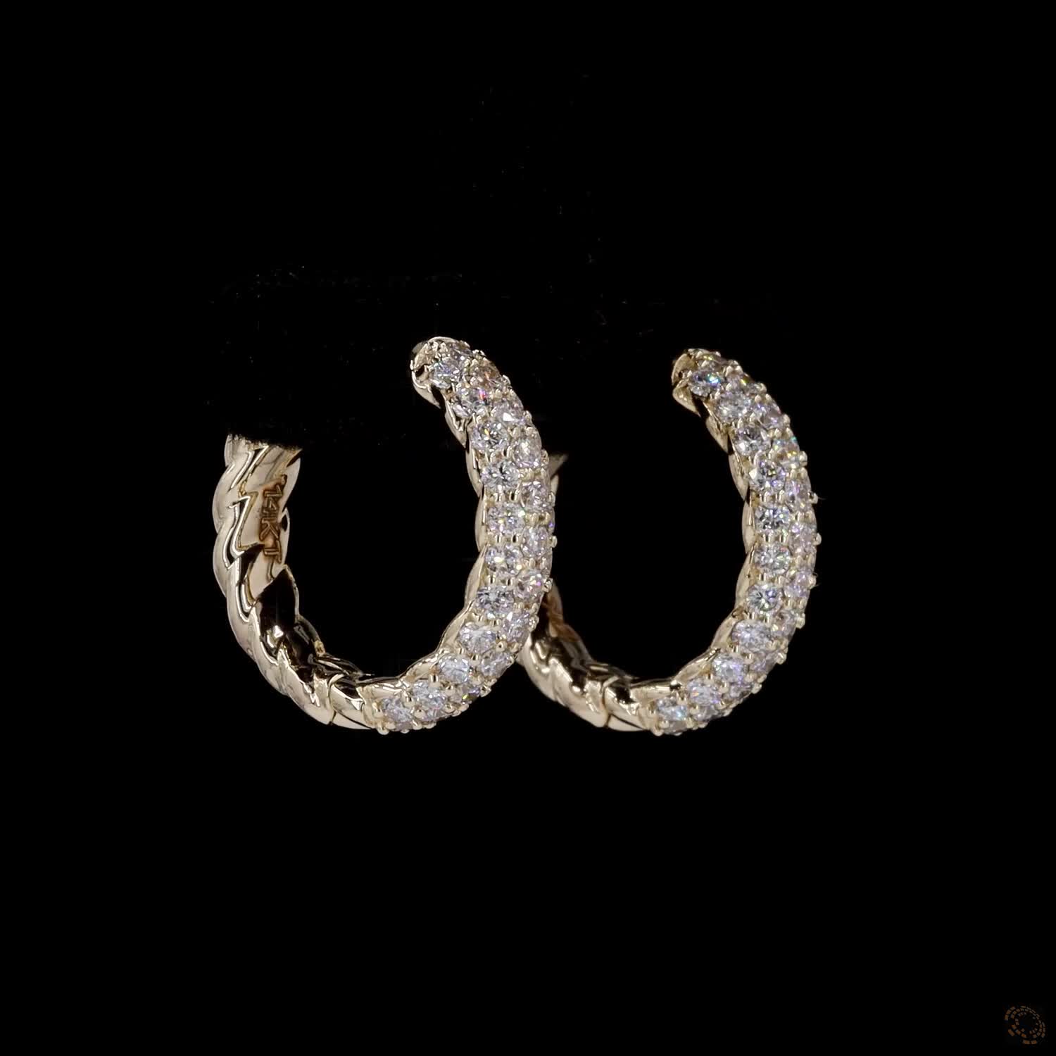0.87 Ct Solid 14K Yellow Gold Multi-Row Diamond Pavé Hoop Earrings – Twisted Cable Rope Back Diamond Huggies / Hoops