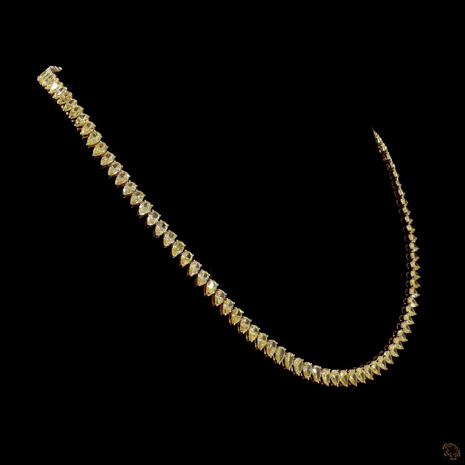 24.17 Ct Fancy Yellow Pear Cut Diamond Riviera Necklace in Yellow Gold