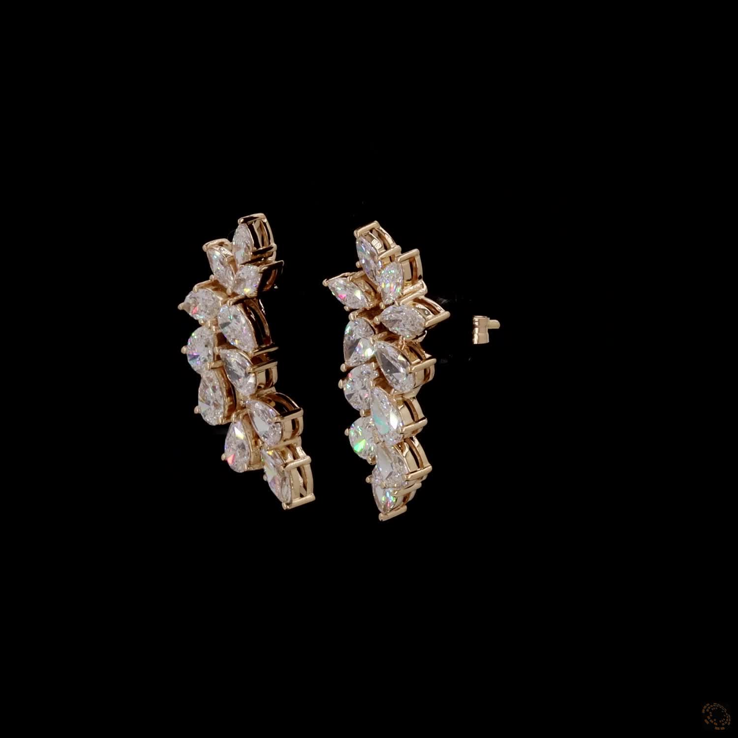 4.4 Ct Multi-Shape Ear Crawlers, Yellow Gold Leaf Cluster Earrings, Statement Bridal Vine Jewelry