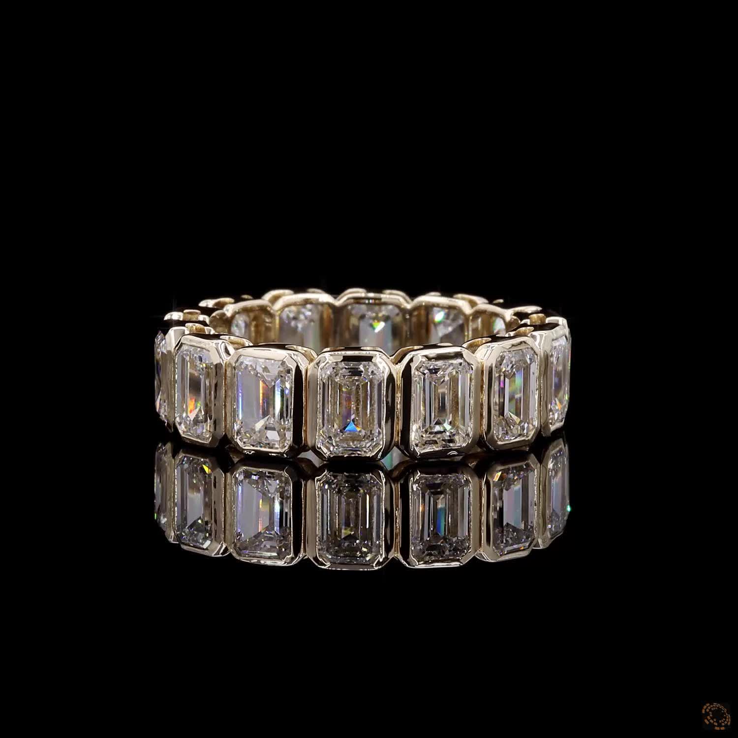 6.97 Ct Bezel-Set Emerald Cut Diamond Eternity Ring in Yellow Gold