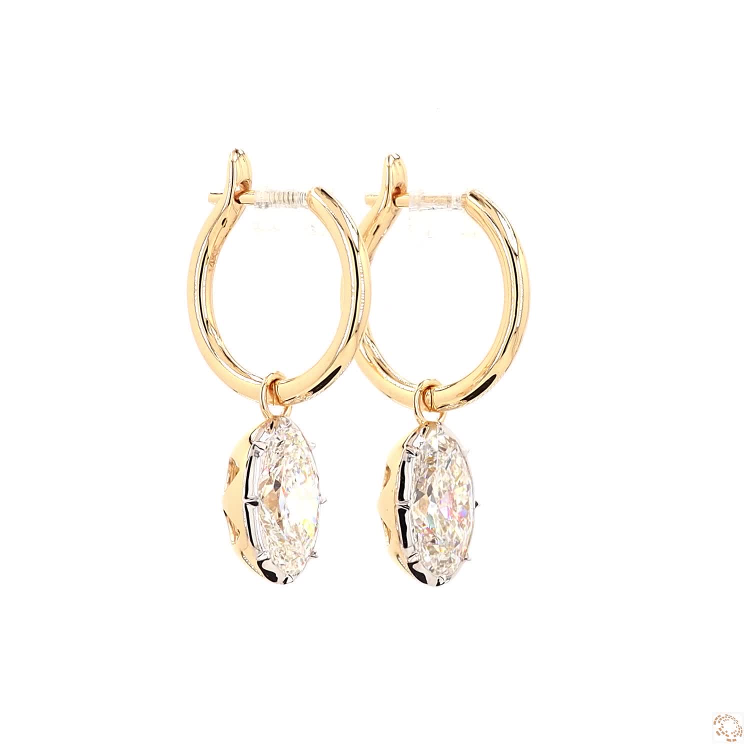 4.20 Ct Oval Cut Diamond Drop Huggie Earrings in 14K Two-Tone Gold | Vertical Solitaire Dangle Hoops